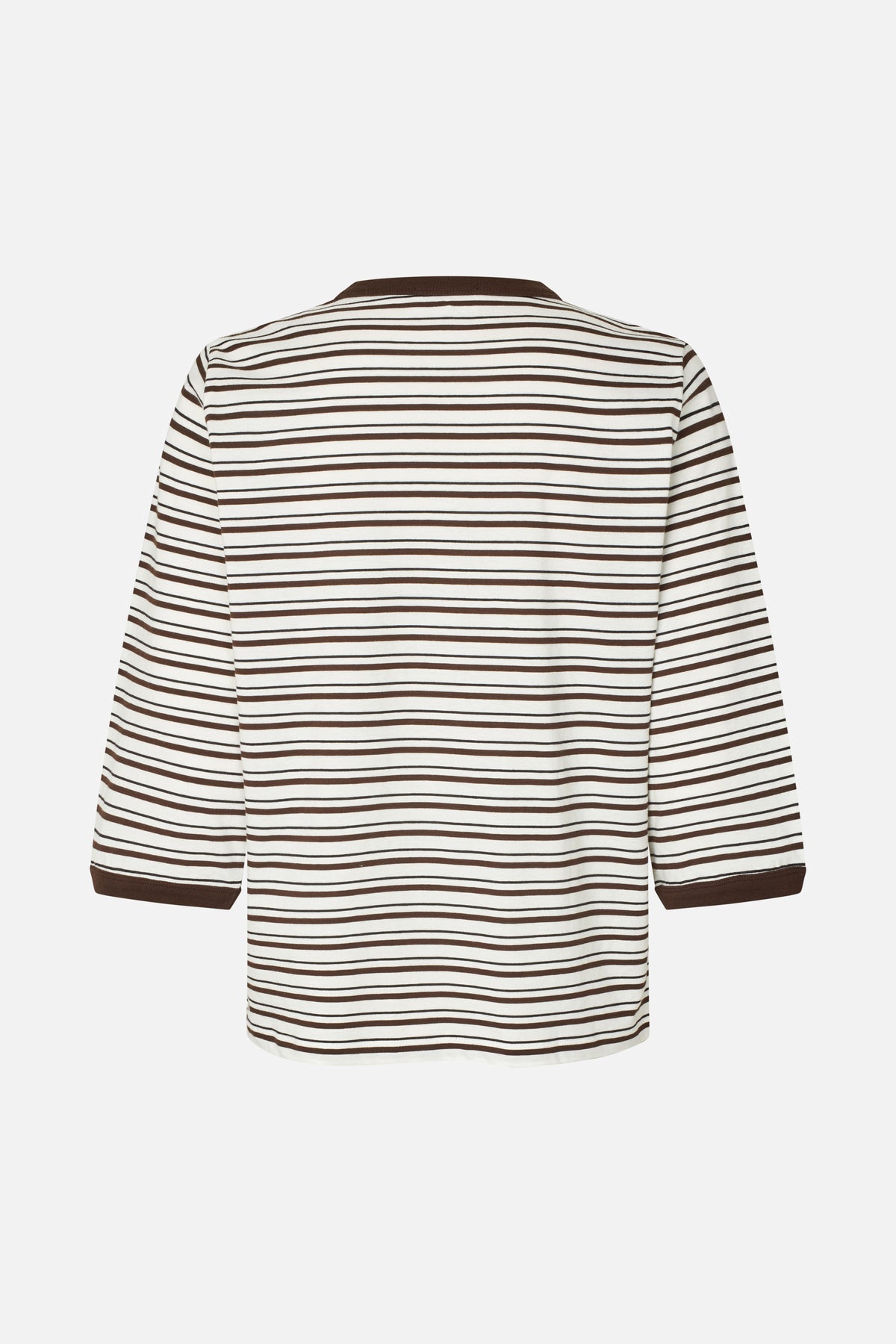 Back view of a cream long-sleeved top with horizontal brown stripes and dark brown ribbed neckline and cuffs.