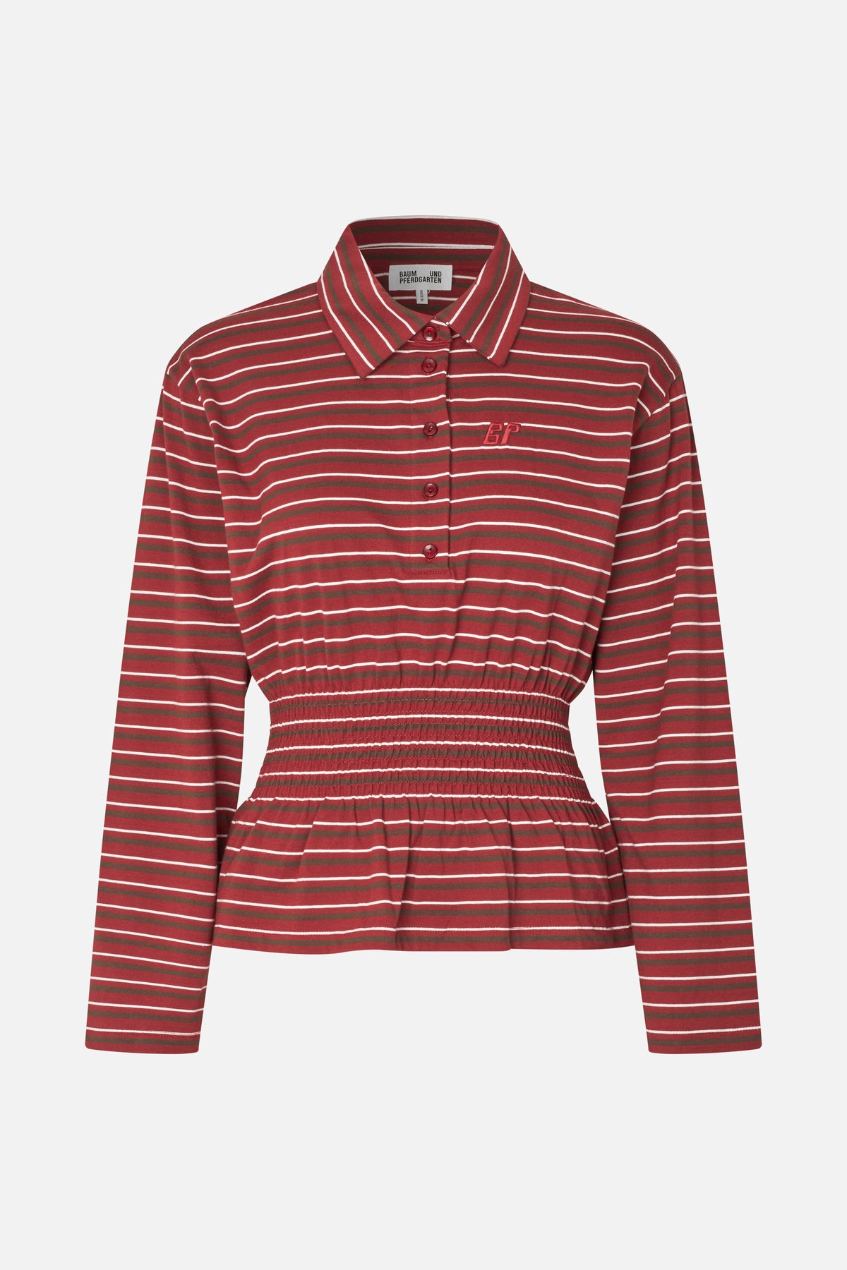 Front view of a red, brown and white striped long-sleeved collared shirt with a button placket, embroidered chest logo and elasticated waist.
