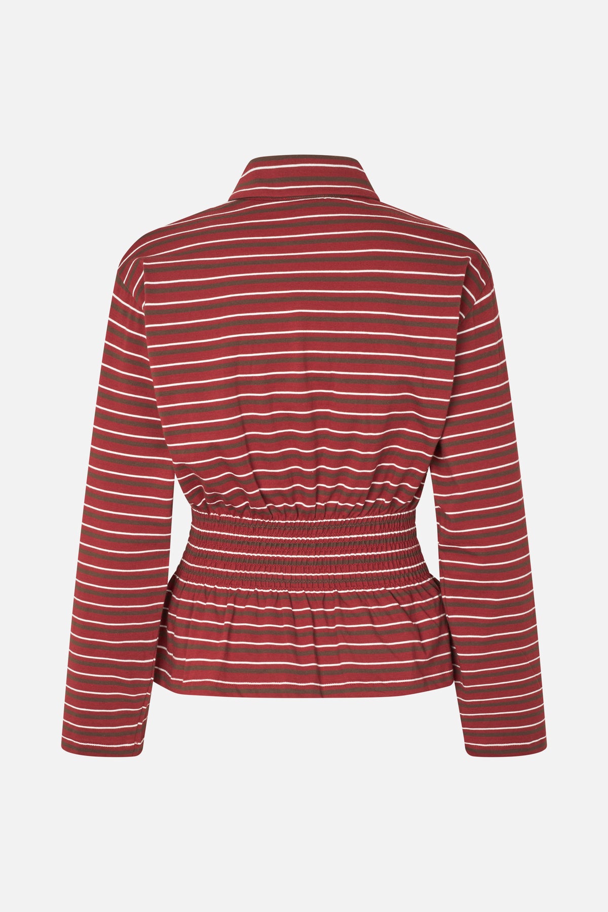 Back view of a long-sleeved, high-neck top with red, brown and white stripes and a smocked waist.