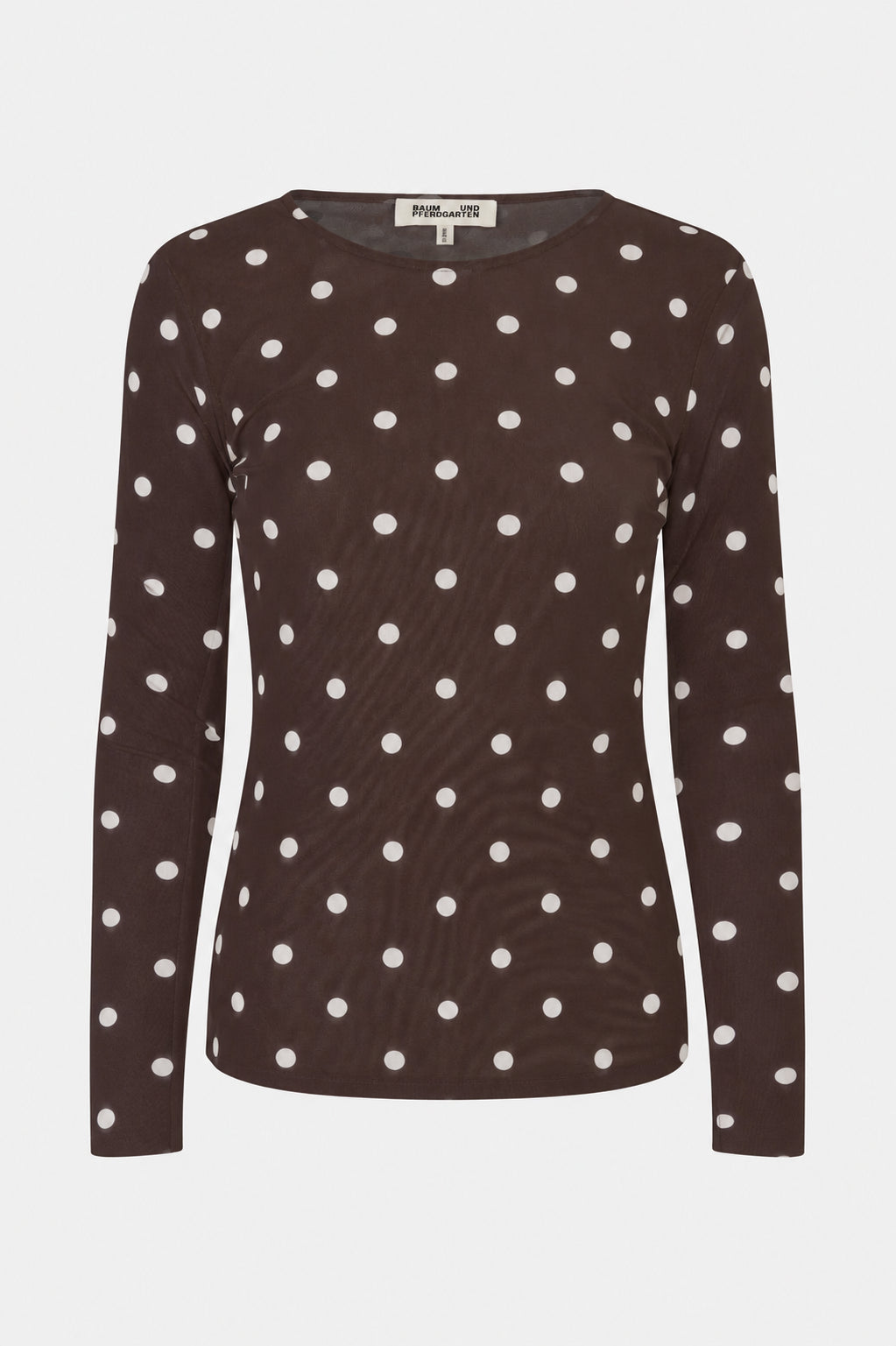 Front view of a fitted dark brown long-sleeved top with a round neckline and white polka dots.