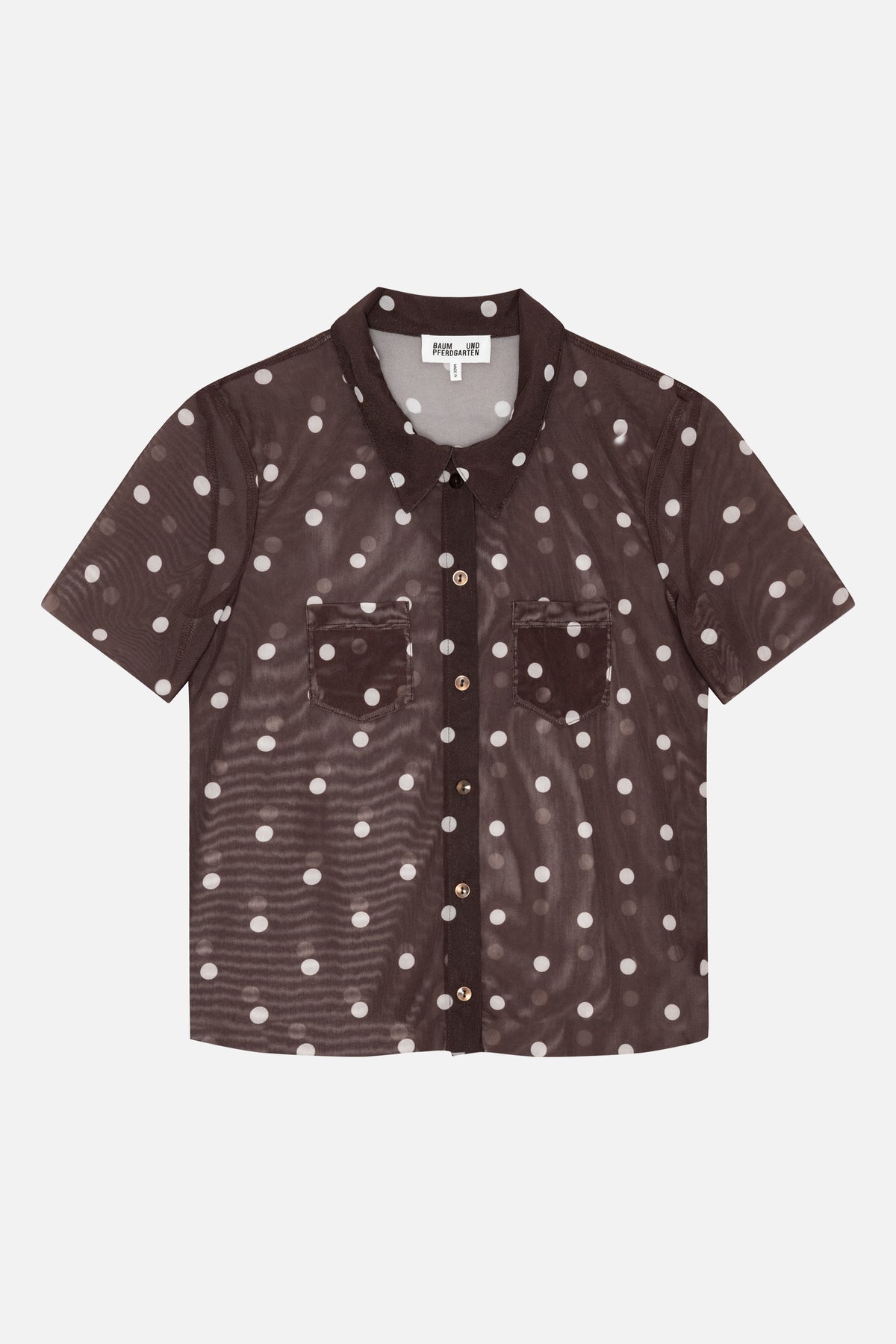 Vooraanzicht van een doorschijnende donkerbruine blouse met korte mouwen, knoopsluiting, witte stippen, een puntkraag en twee borstzakken.