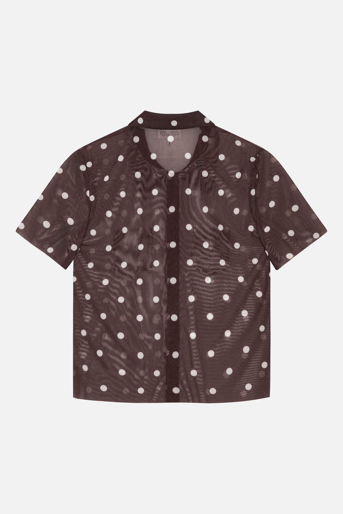 Achteraanzicht van een doorschijnende donkerbruine blouse met kraag, korte mouwen, witte stippen en een middennaad.