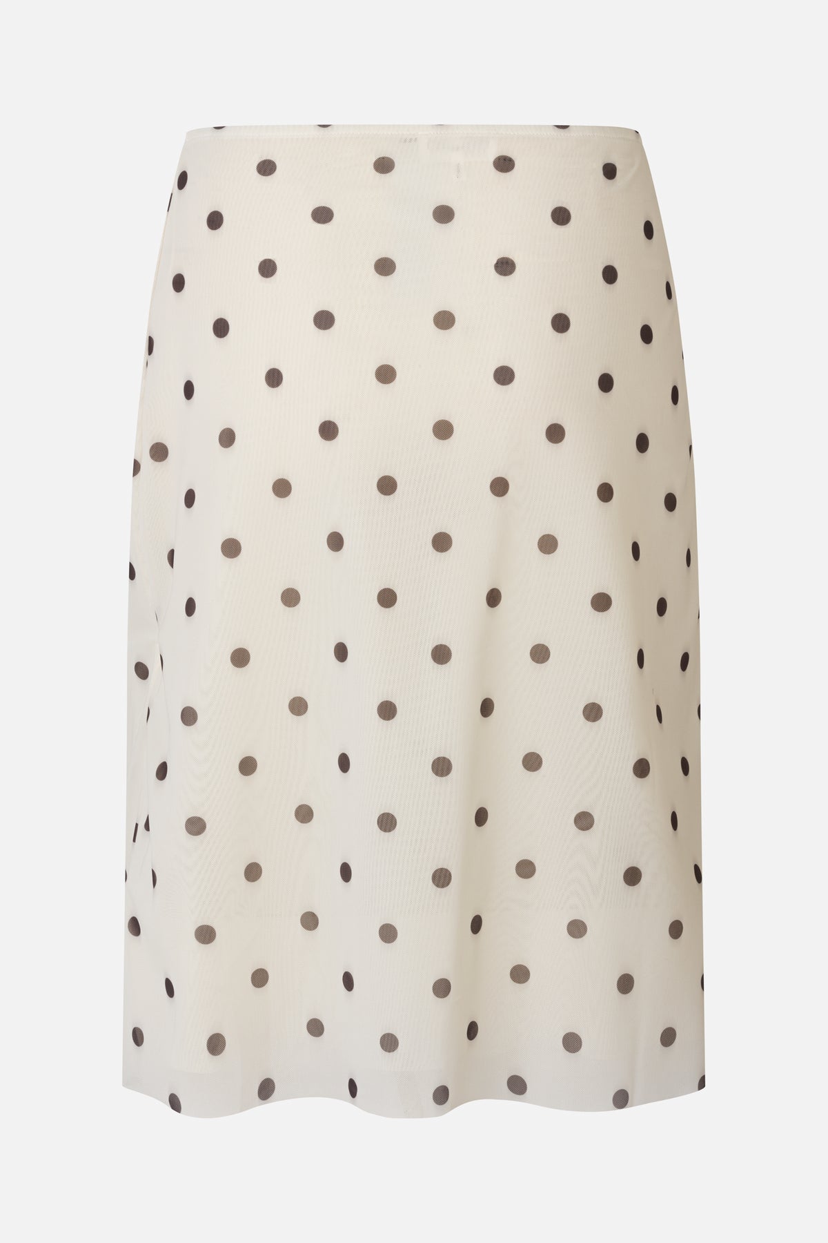 Front view of an ivory sheer mesh skirt with evenly spaced dark brown polka dots.