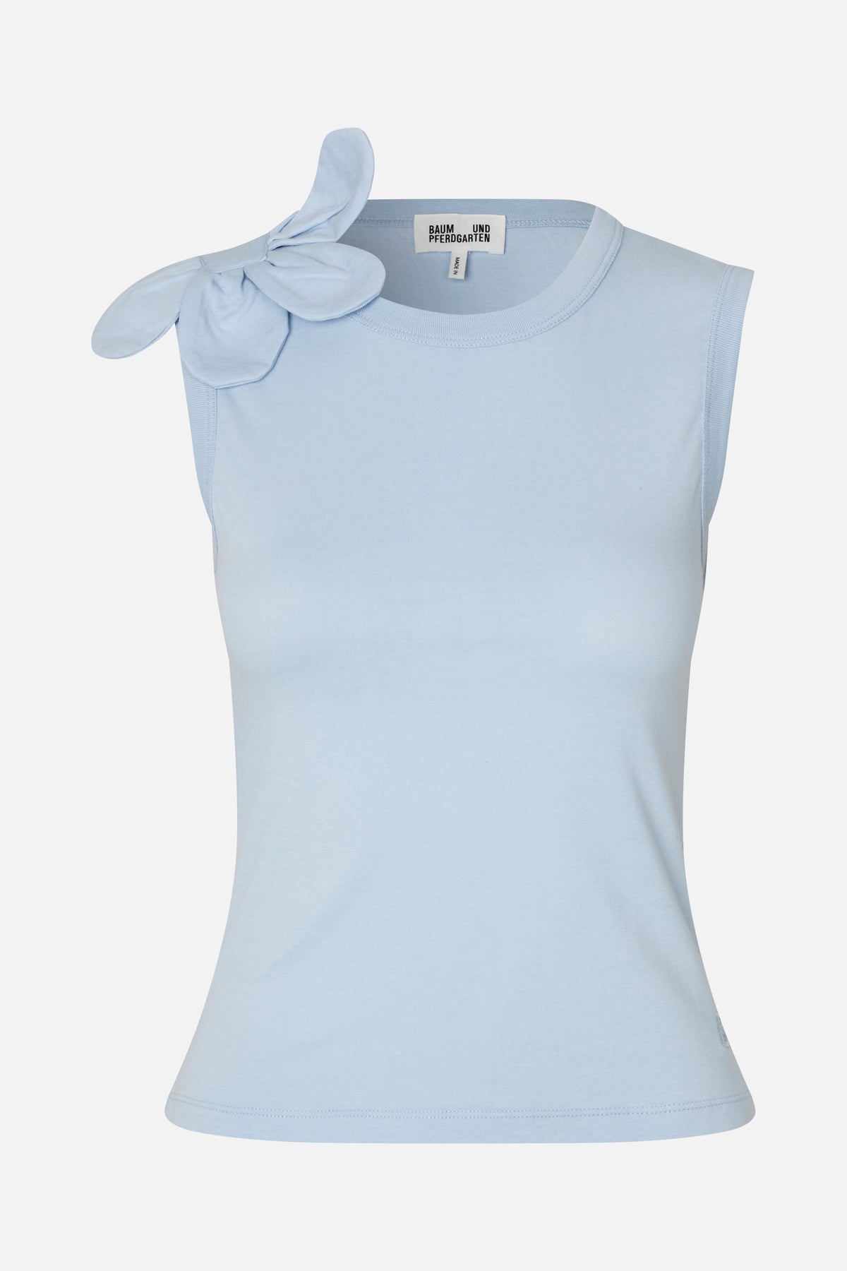 Front view of a pale blue sleeveless top with a round neckline and a large fabric flower at the shoulder.