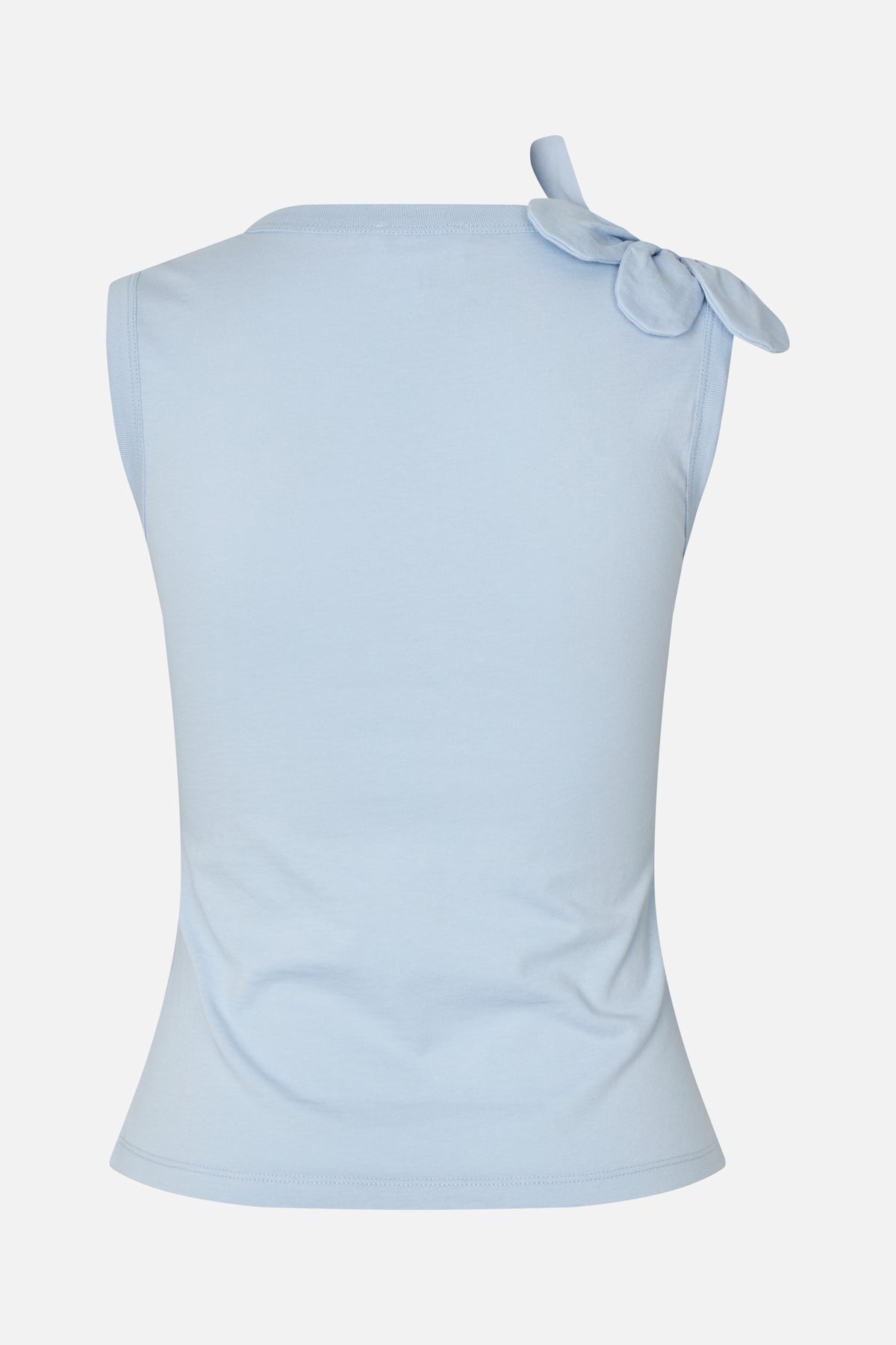 Back view of a pale blue sleeveless top with a tied bow at one shoulder and a simple rounded neckline.