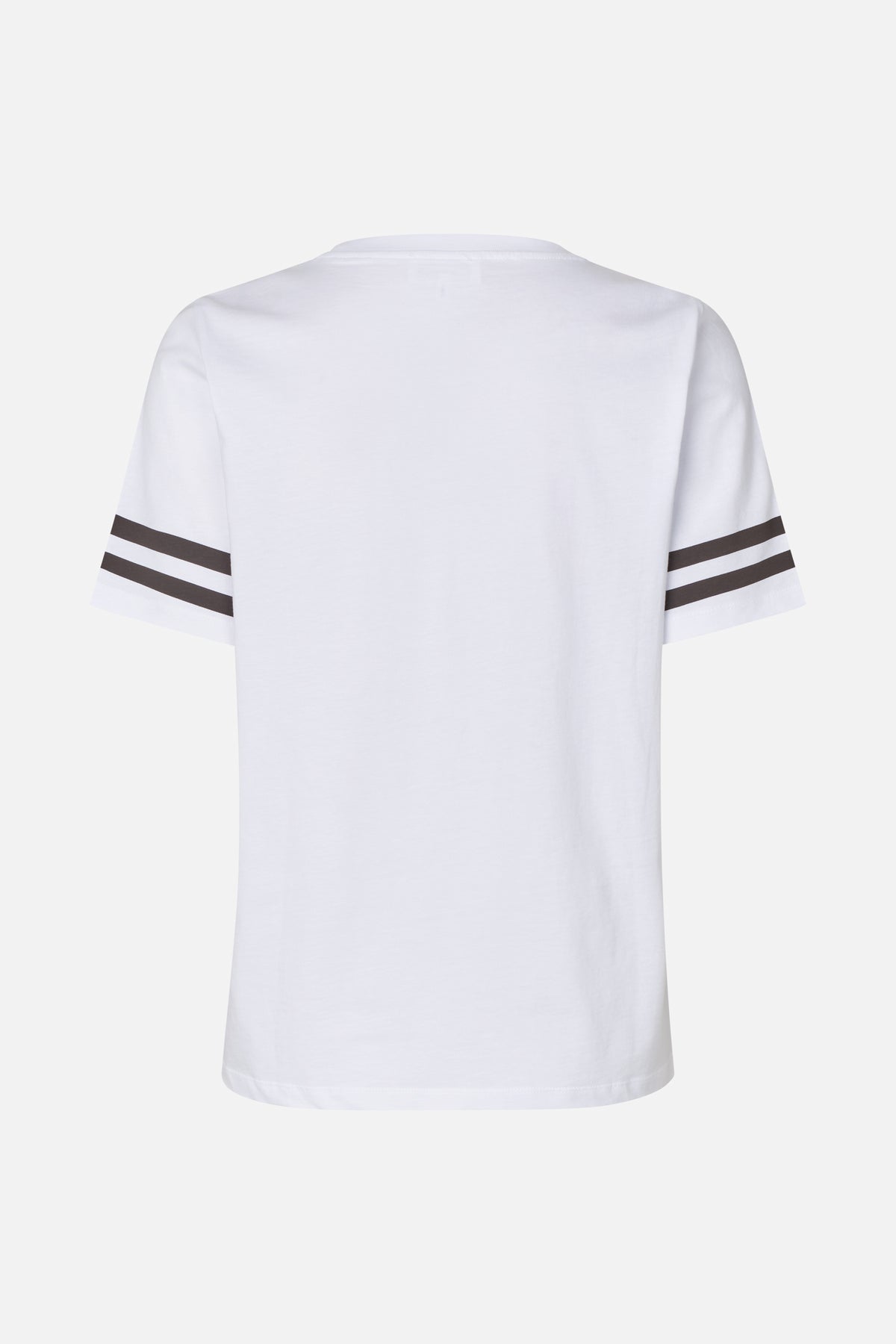Back view of a white short-sleeved crew-neck T-shirt with two dark brown stripes on each sleeve.