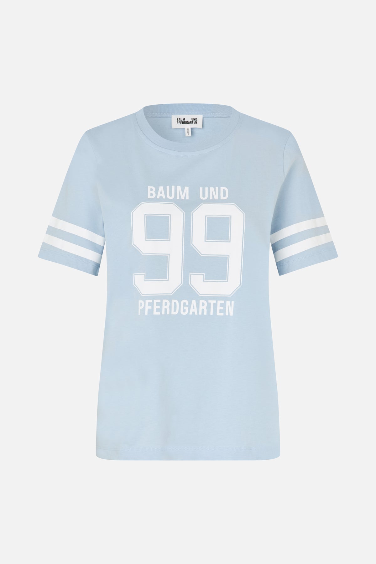 Front view of a pale blue short-sleeved T-shirt with white sleeve stripes and a large varsity-style 99 graphic reading “Baum und Pferdgarten.”