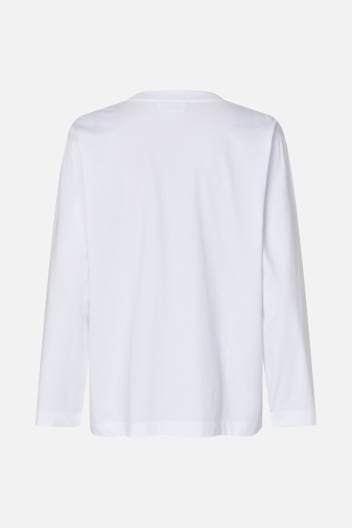 Rückansicht eines schlichten weißen Langarm-T-Shirts mit rundem Halsausschnitt und geradem Saum.