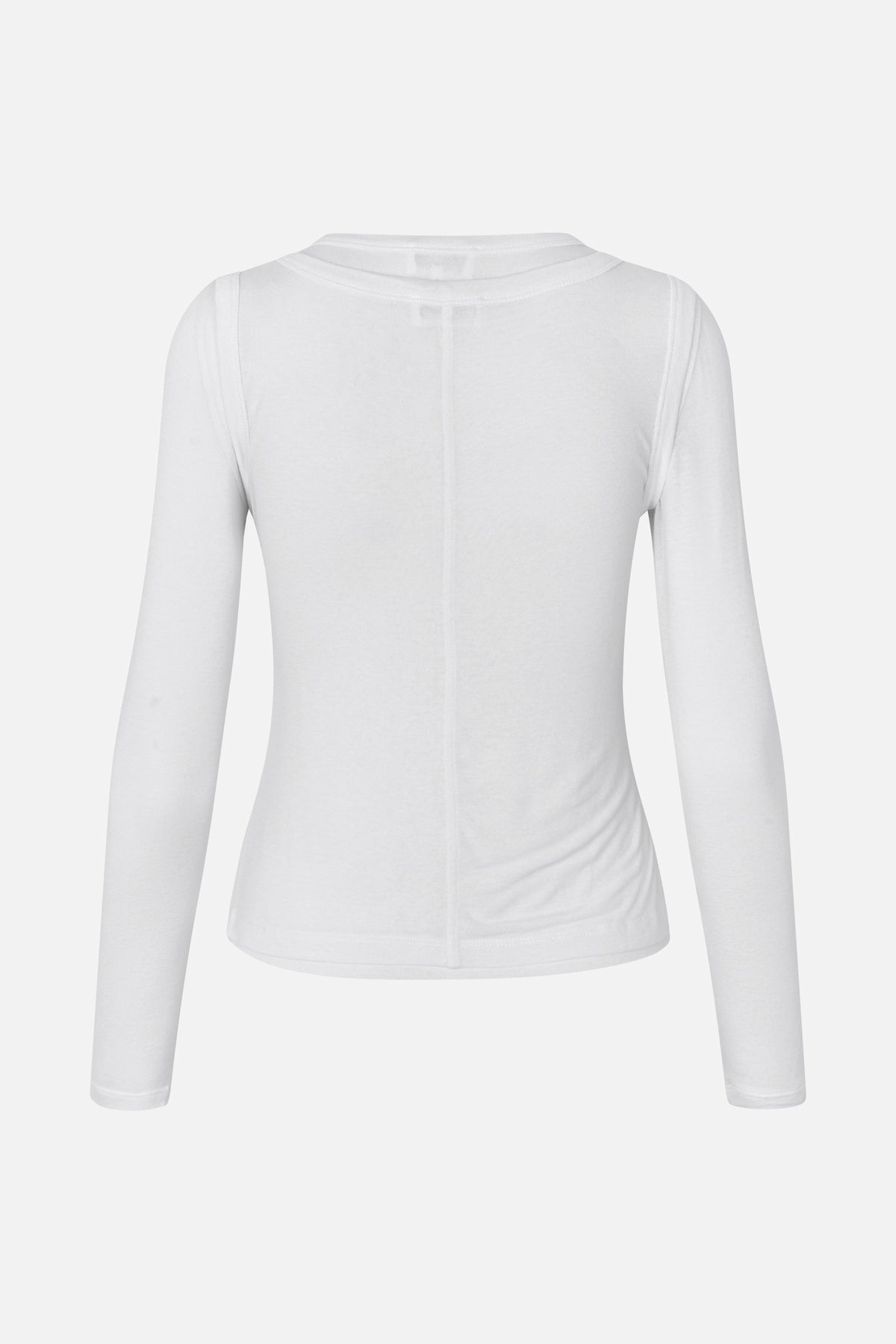 Back view of a white long-sleeved top with a curved neckline and a vertical centre-back seam.