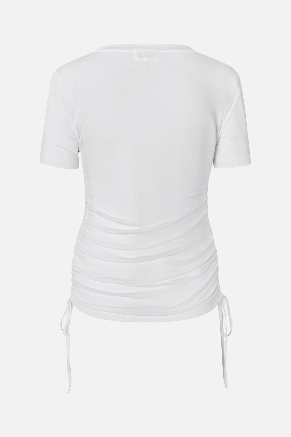 Back view of a fitted white short-sleeve top with a high round neckline and ruched, tie-adjustable sides.