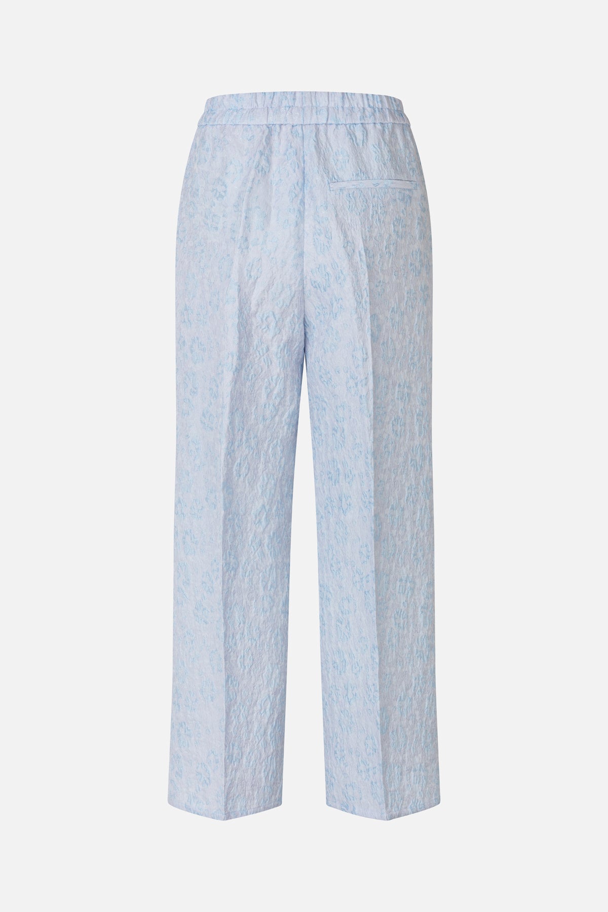 Back view of pale blue wide-leg trousers with an all-over textured floral pattern, elasticated waistband and single welt pocket.