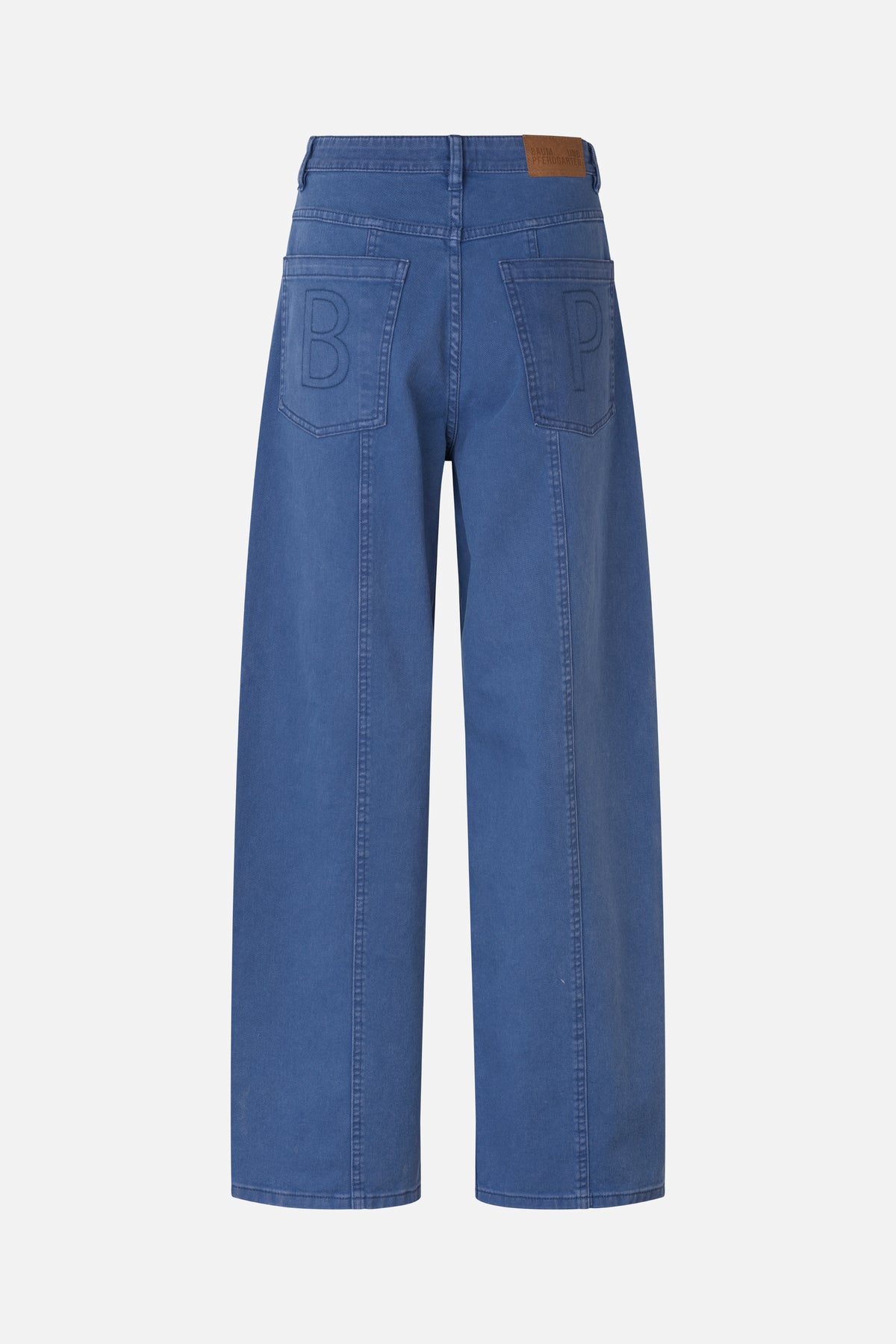 Back view of blue wide-leg jeans with large tonal initials on the rear pockets and a brown waistband patch.