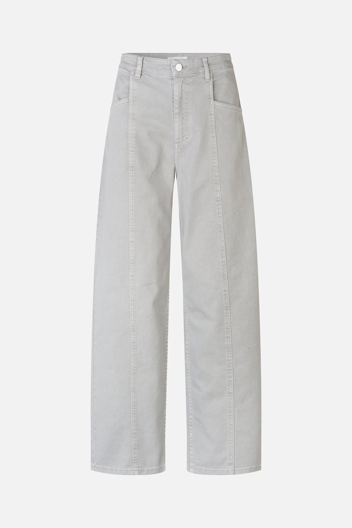 Front view of light grey wide-leg jeans with belt loops, a button closure and large curved front pockets.