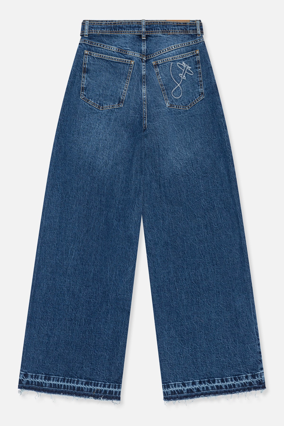 Back view of dark blue wide-leg jeans with contrasting stitching, an embroidered back-pocket motif and frayed hems.