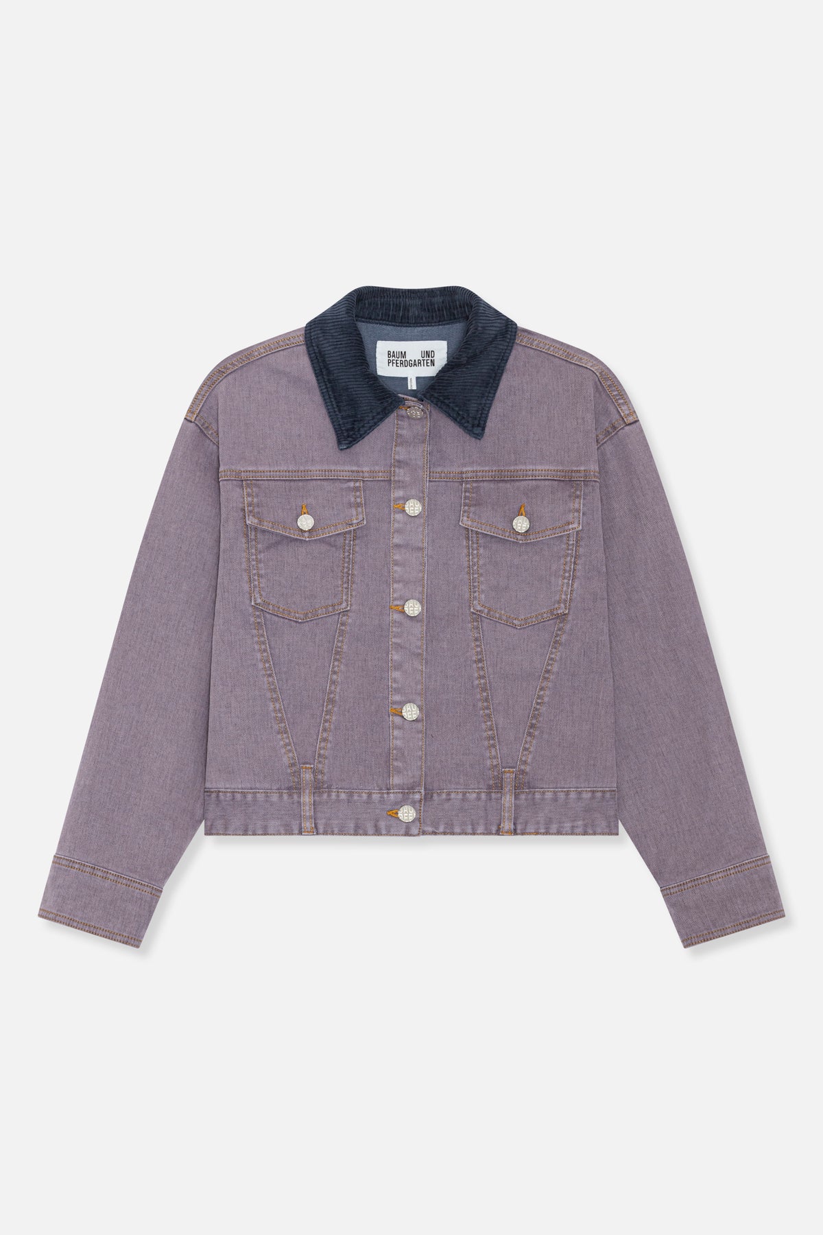 Front view of a mauve denim jacket with a dark ribbed collar, contrast topstitching, and buttoned chest pockets.