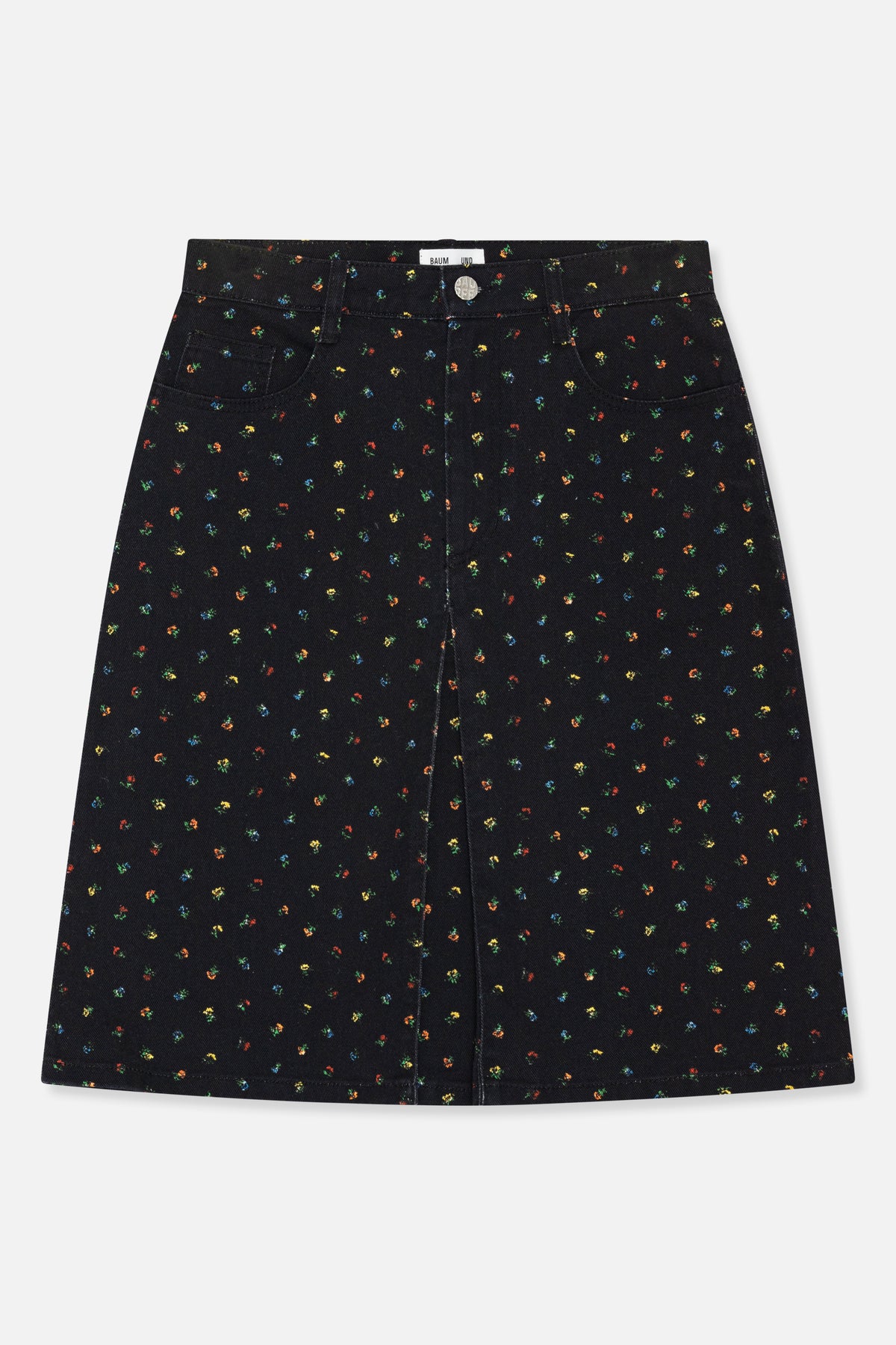 Front view of a black A-line skirt with tiny multicoloured floral motifs, a buttoned waistband and front pockets.
