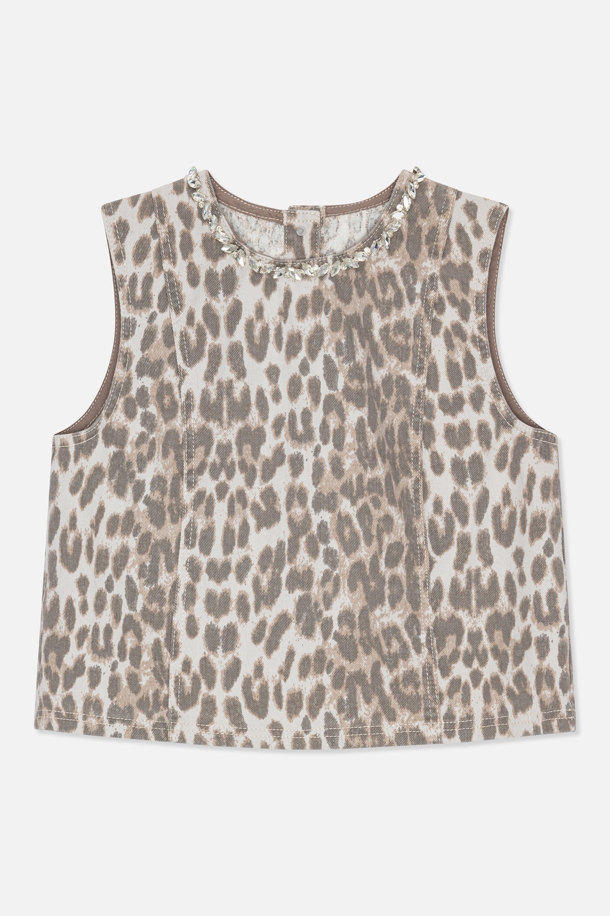 Back detail of a beige and taupe leopard-print sleeveless top, with crystal embellishments around the neckline and a small button closure.
