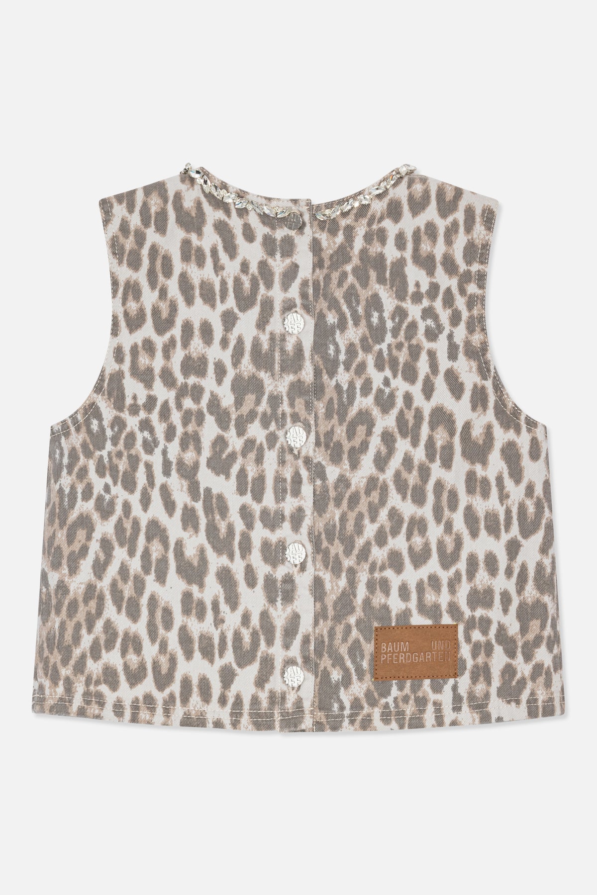 Front view of a sleeveless beige and taupe animal-print vest with a crystal-trimmed neckline and silver-tone buttons.