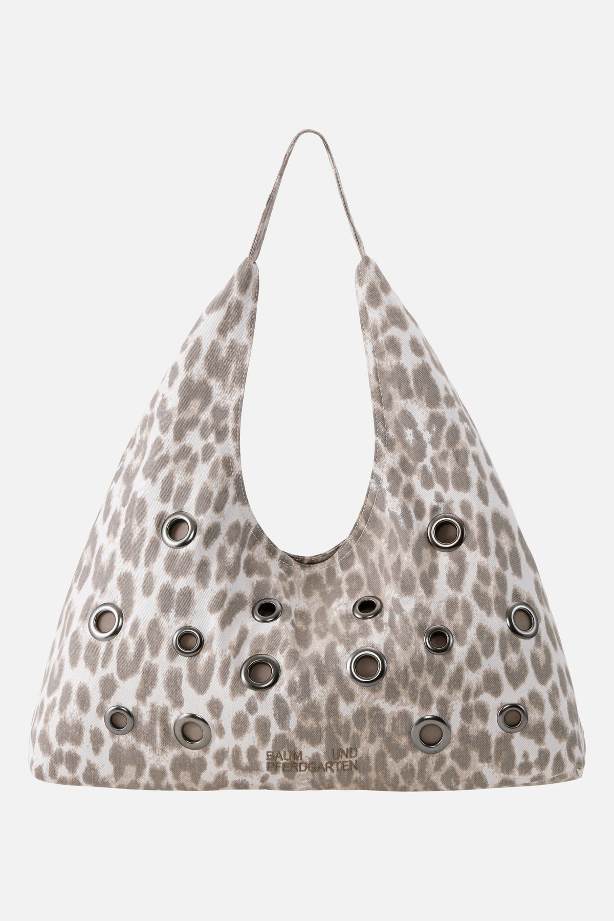 Taupe and cream patterned shoulder bag with a long strap, rows of metal eyelets and a Baum und Pferdgarten logo near the base.