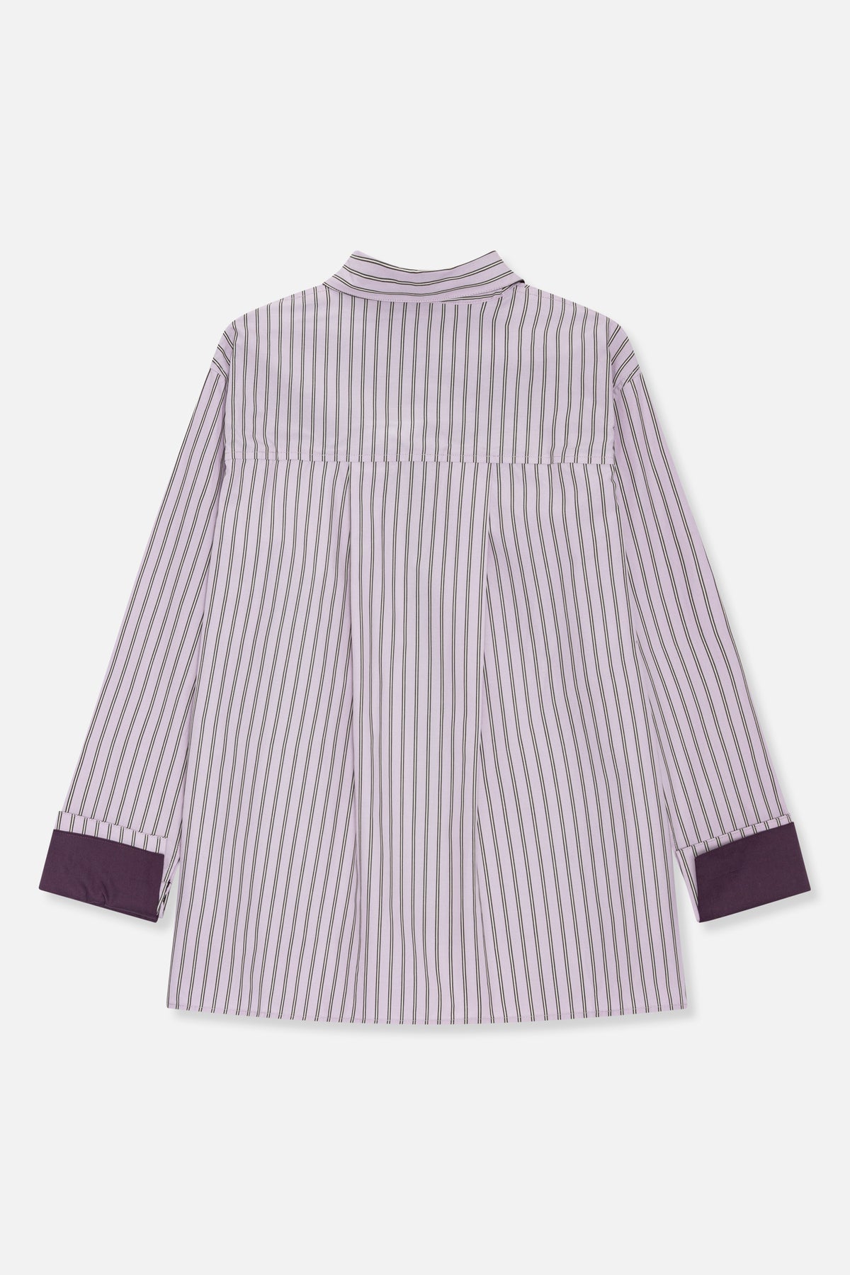 Back view of a lilac long-sleeved shirt with narrow dark vertical stripes, a horizontal back yoke and deep plum cuffs.