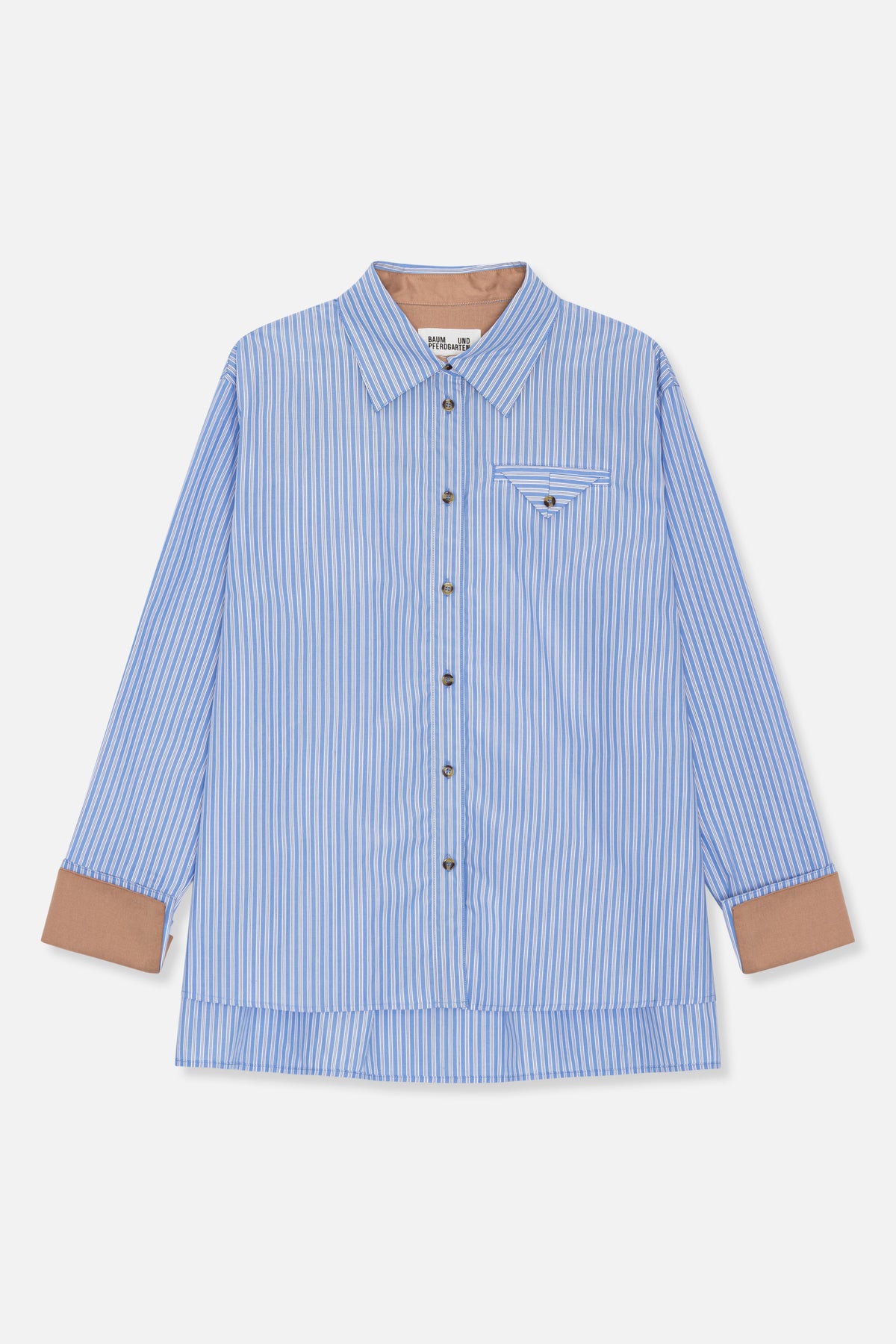 Front view of a blue and white vertically striped button-up shirt with a pointed collar, chest pocket and contrasting tan cuffs.