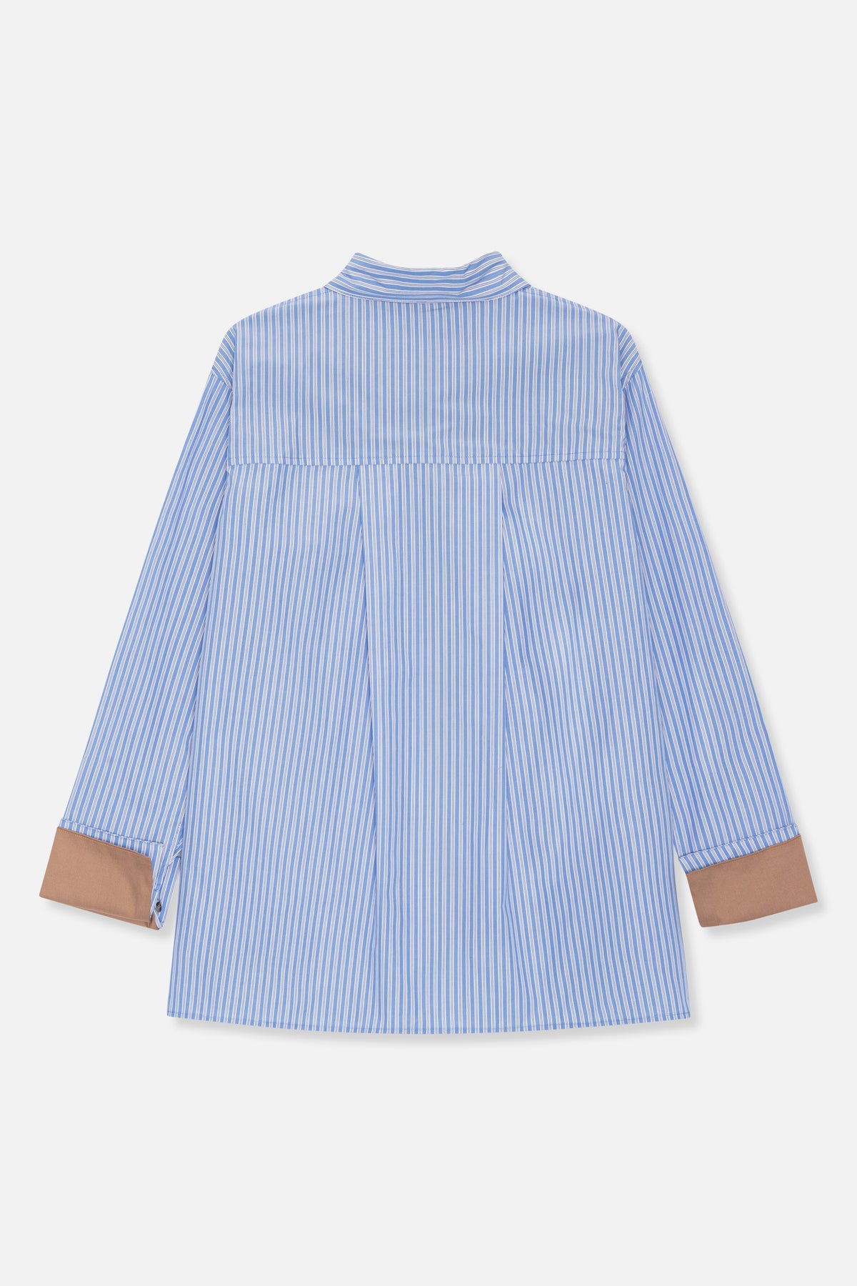 Back view of a blue-and-white vertically striped long-sleeved shirt with a pleated yoke and contrasting tan cuffs