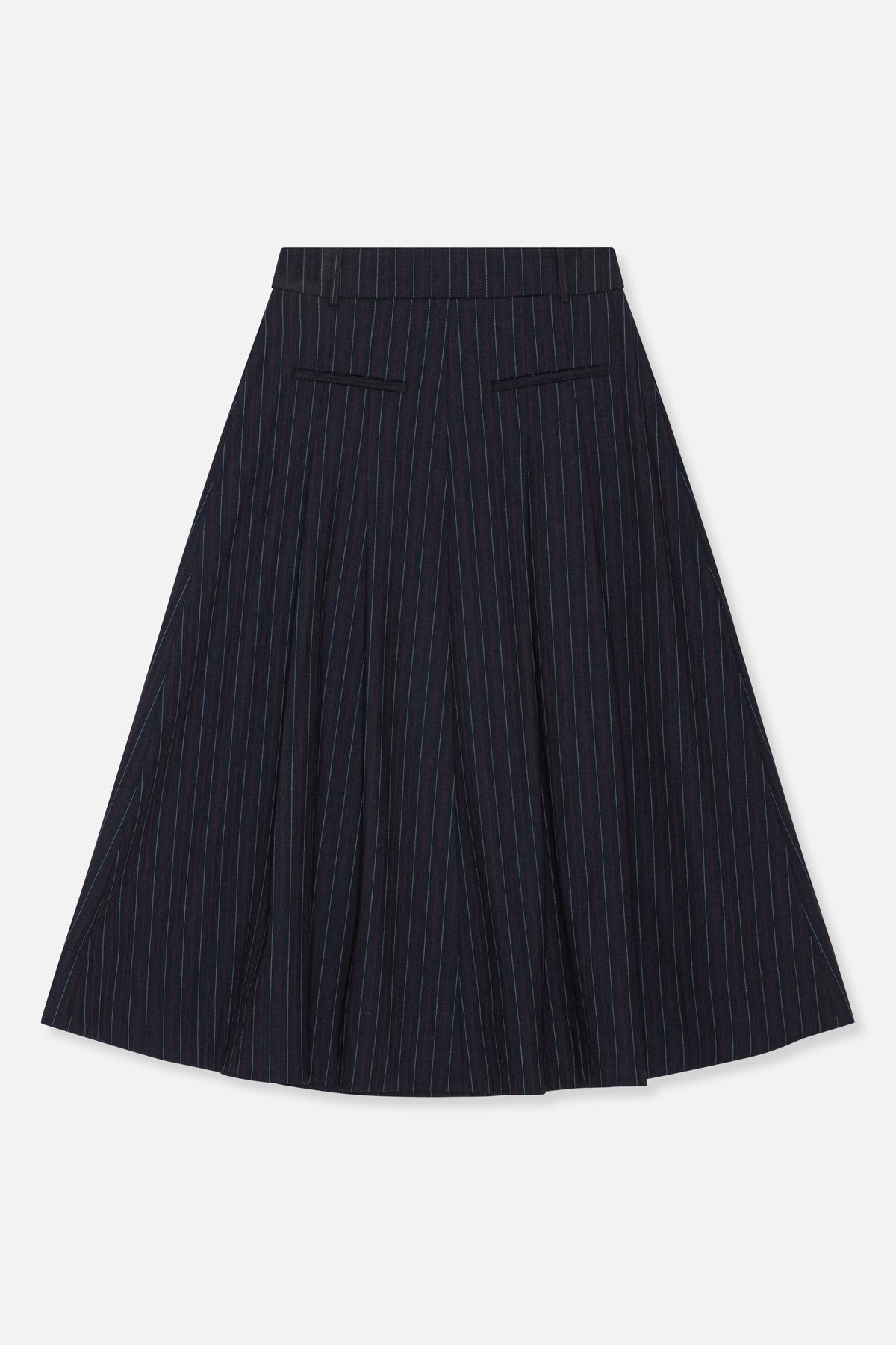 Back view of a flared dark pinstripe skirt with a wide waistband and two welt pockets.