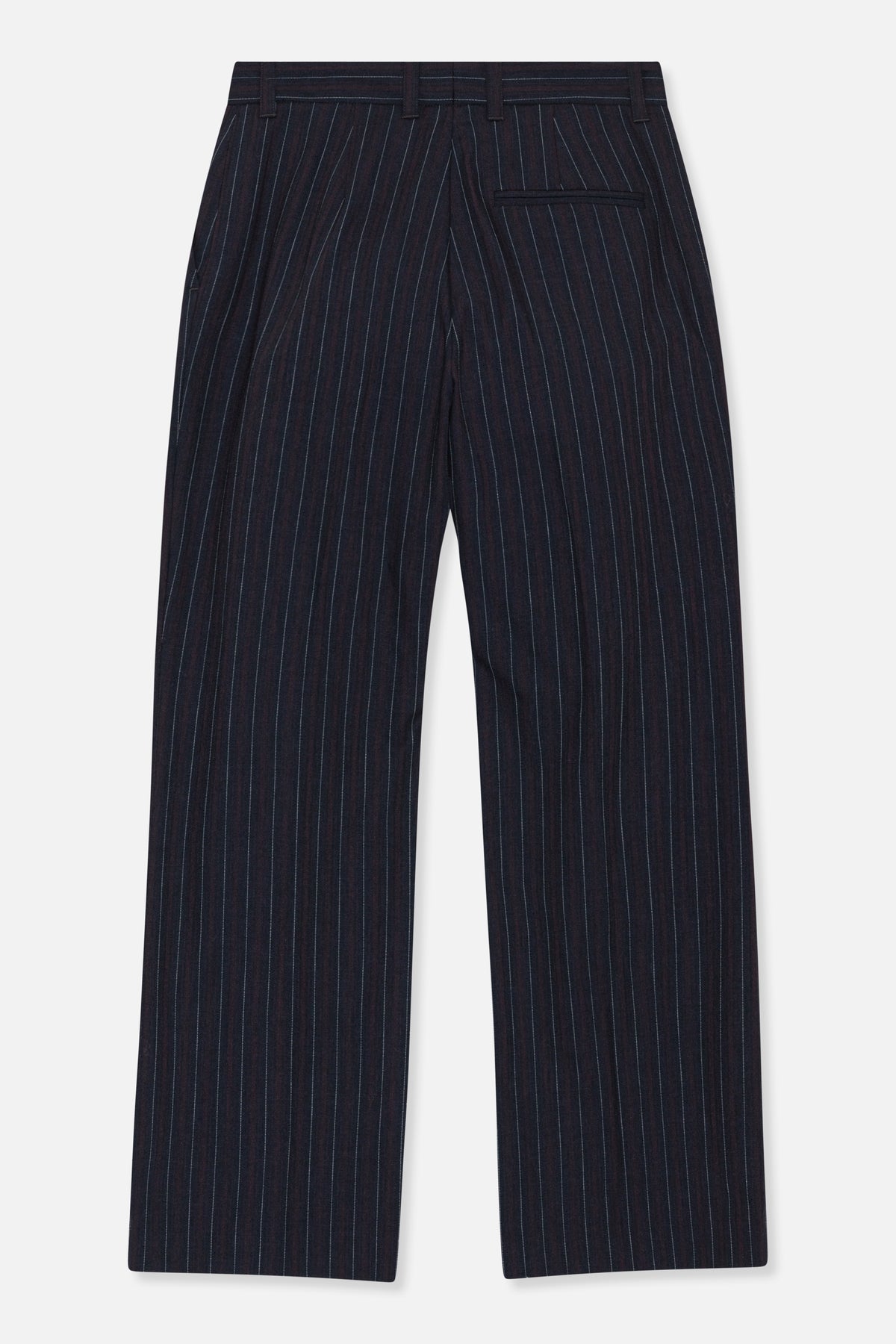Back view of dark burgundy straight-leg trousers with fine vertical pinstripes, belt loops and a welt pocket.