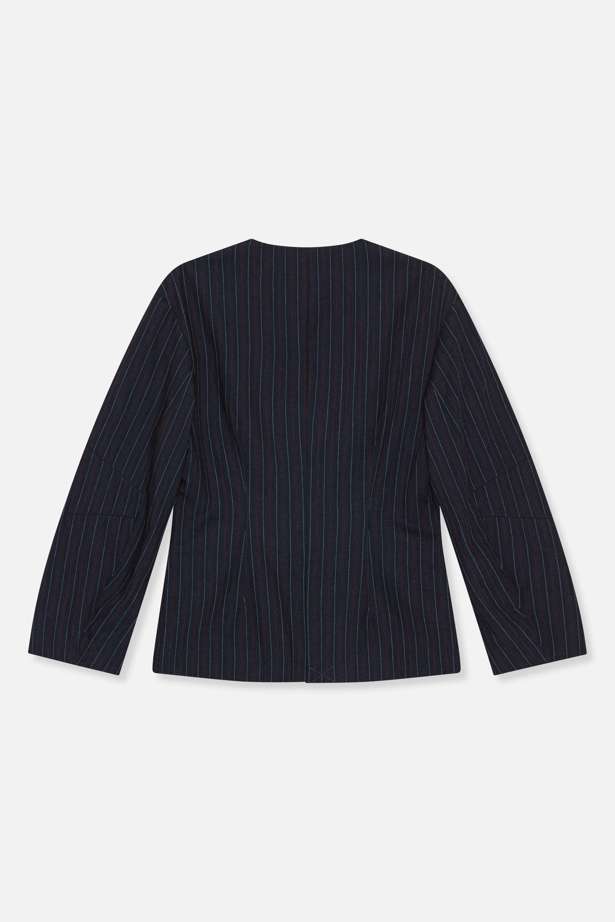 Back view of a dark brown blazer with fine vertical pinstripes and long sleeves
