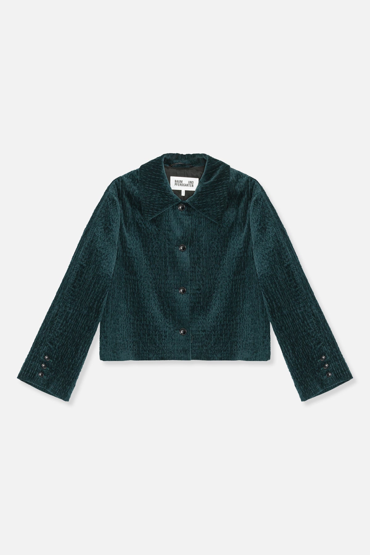 Voorzijde van een donker teal ribfluwelen jas met brede puntkraag, knoopsluiting en manchetten met knopen.