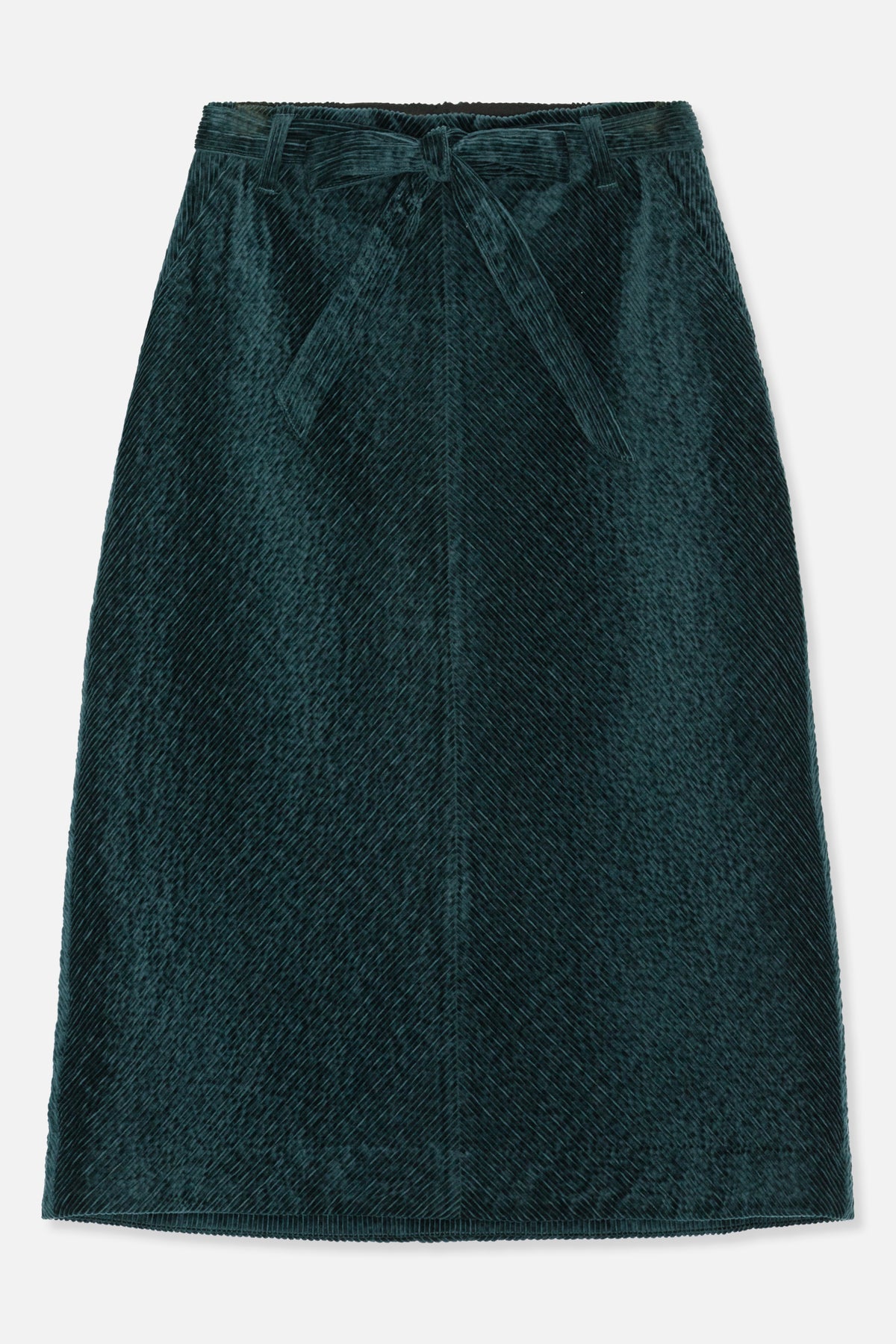 Front view of a dark teal corduroy skirt with a matching self-tie belt and diagonal ribbed texture.