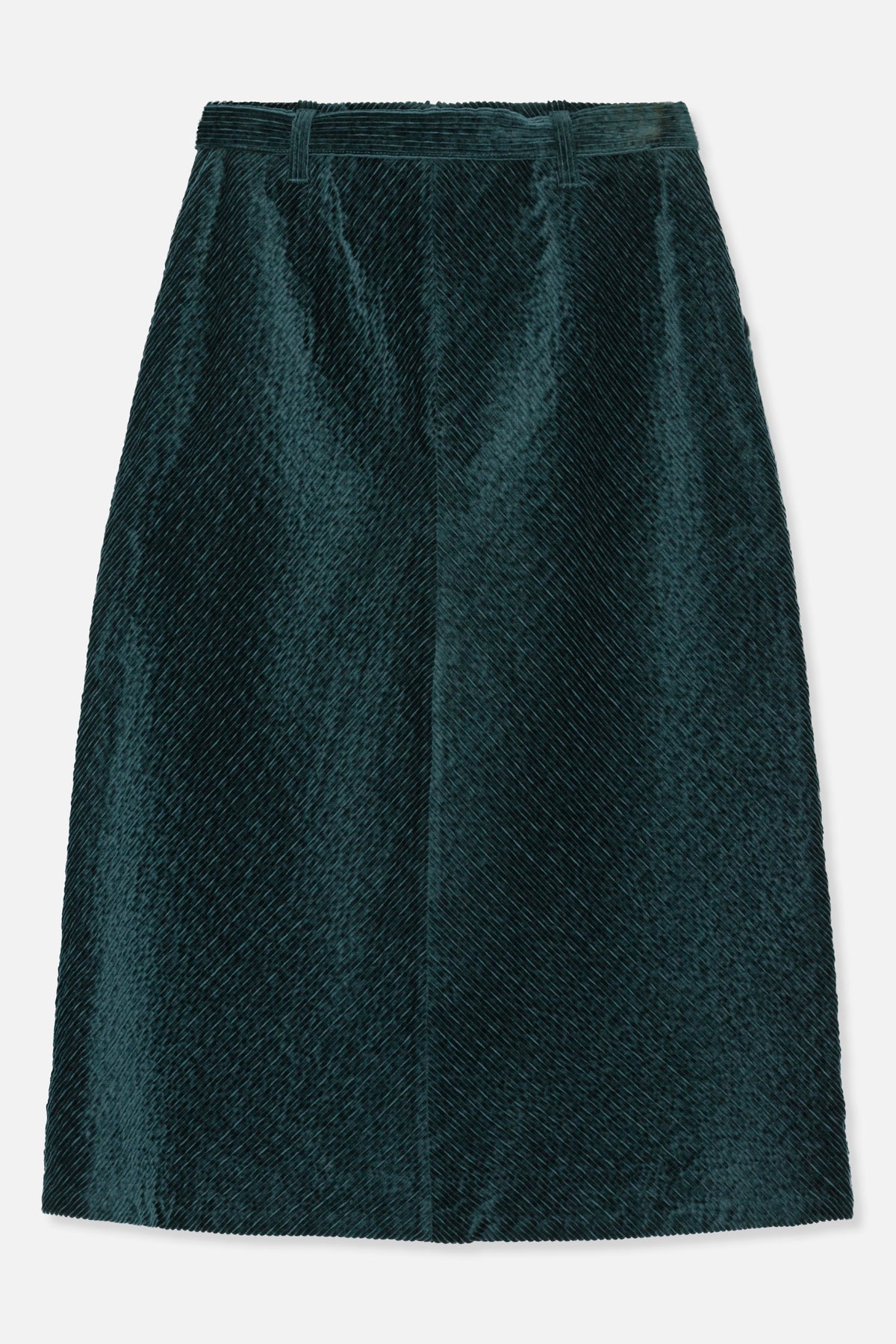 Back view of a dark teal corduroy skirt with a straight waistband, belt loops and a centre seam.