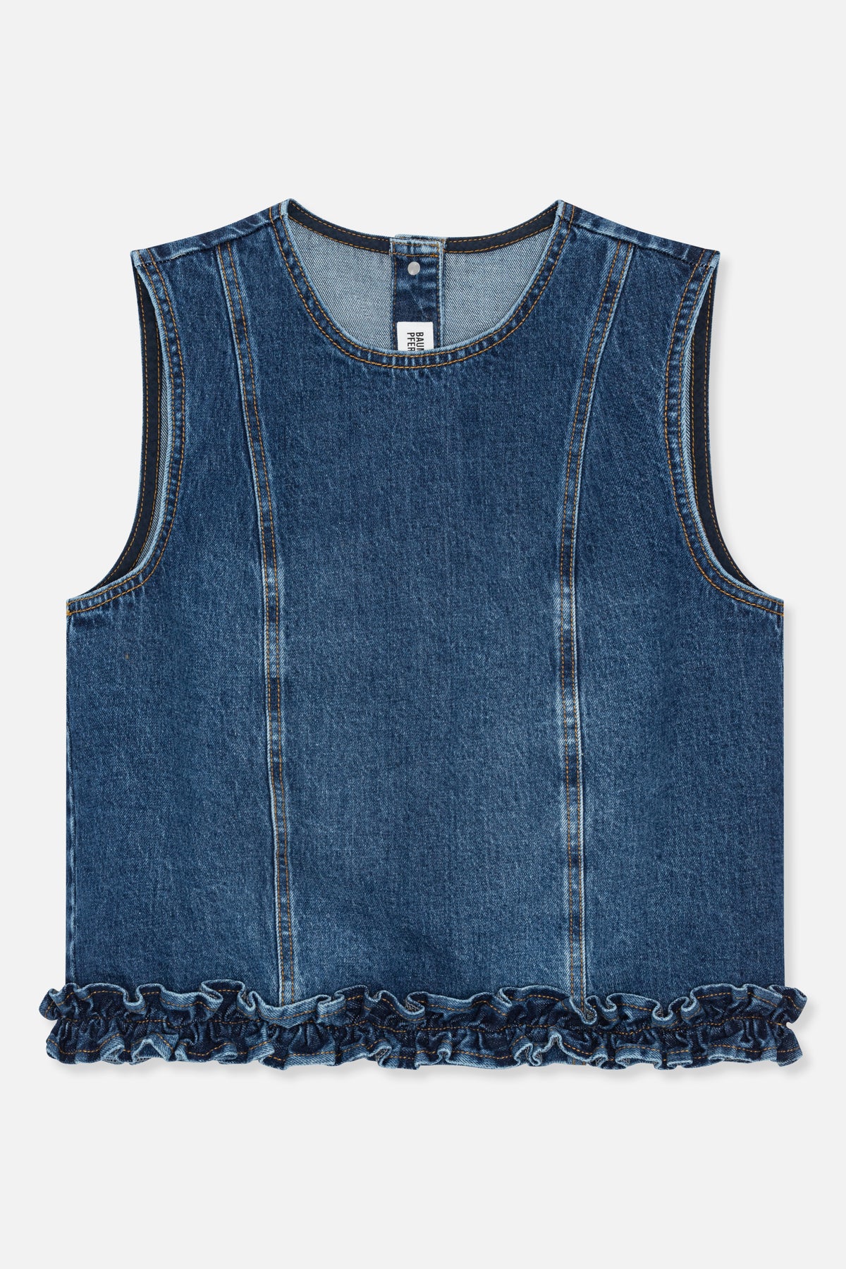 Front detail of a dark blue denim sleeveless top with a round neckline, contrast stitching, curved panel seams and a ruffled hem.