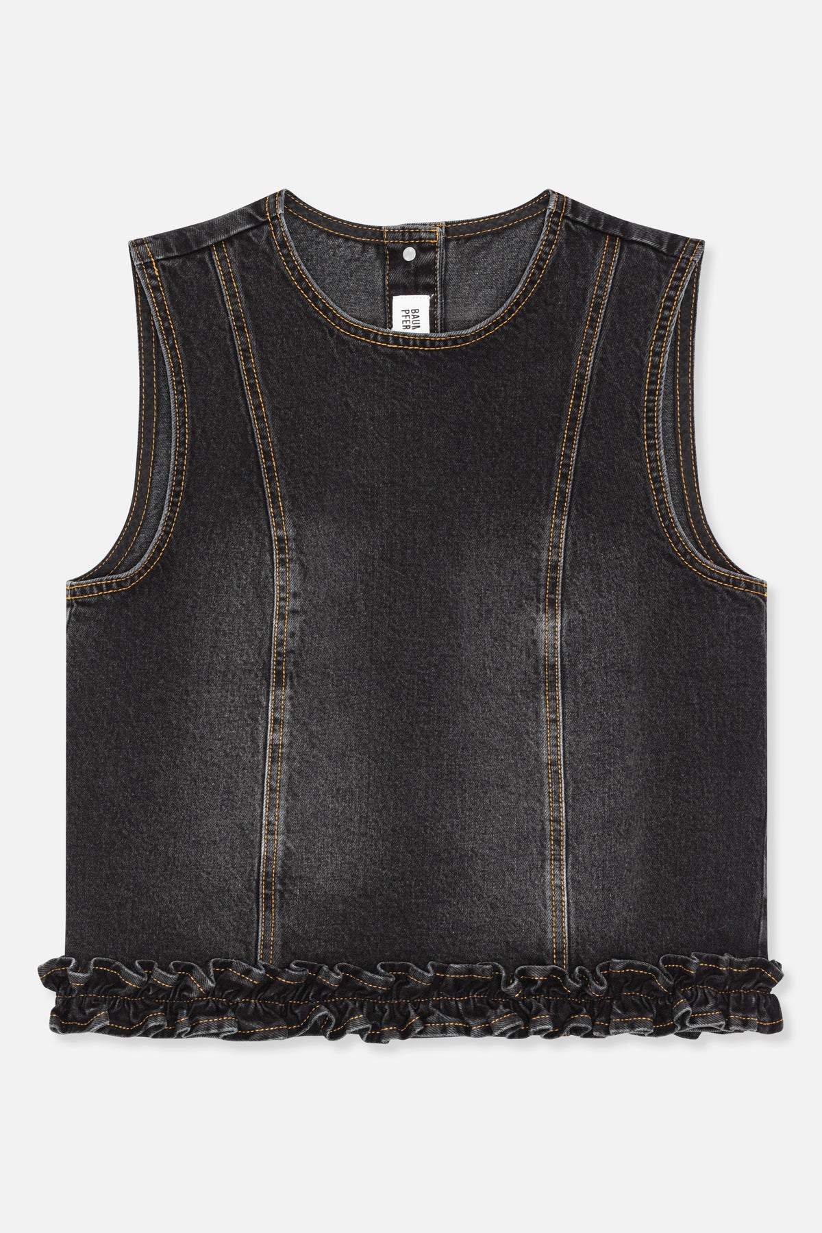 Front view of a charcoal-black sleeveless denim top with a round neckline, orange contrast stitching and a ruffled hem