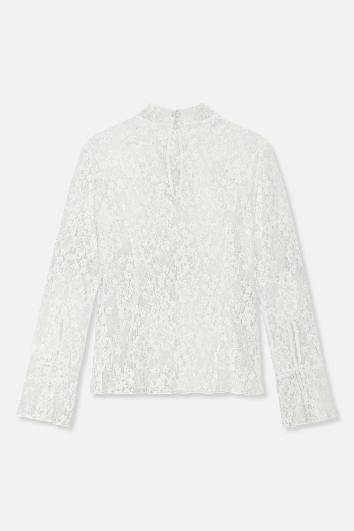 White long-sleeved blouse in floral lace, shown flat with a high neckline and buttoned keyhole opening.