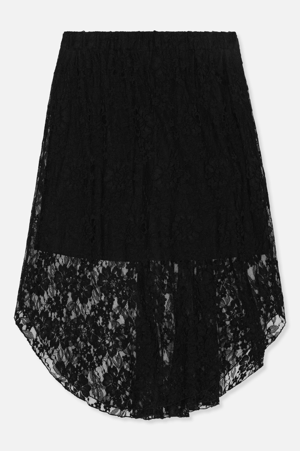 Black floral lace skirt with a wide elasticated waistband and sheer lace hem, shown from the front.