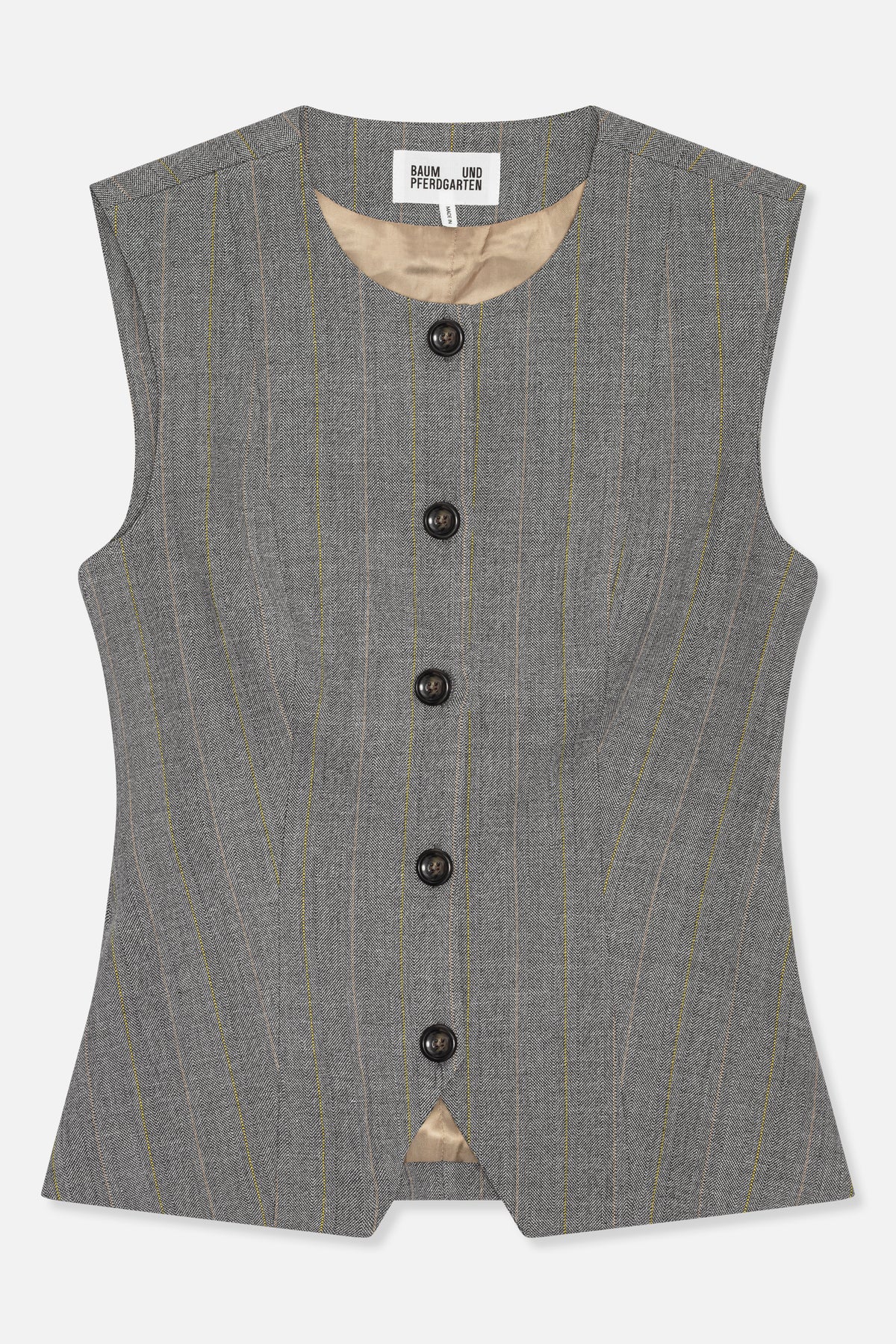Front view of a sleeveless grey herringbone vest with fine yellow and tan pinstripes, dark buttons and beige neckline lining.