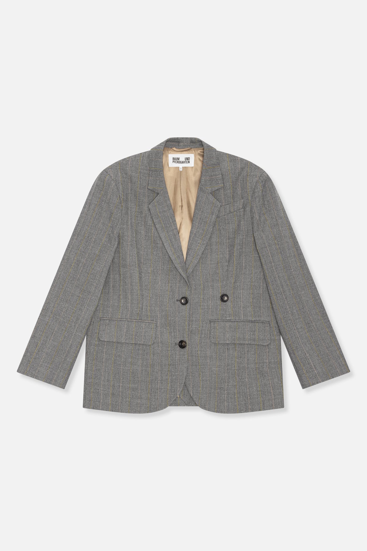 Front view of a grey blazer with fine yellow pinstripes, notched lapels, dark buttons and flap pockets.