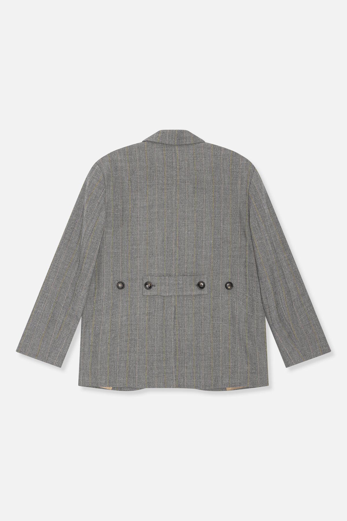 Back view of a grey blazer with fine yellow vertical pinstripes and a four-button half-belt.