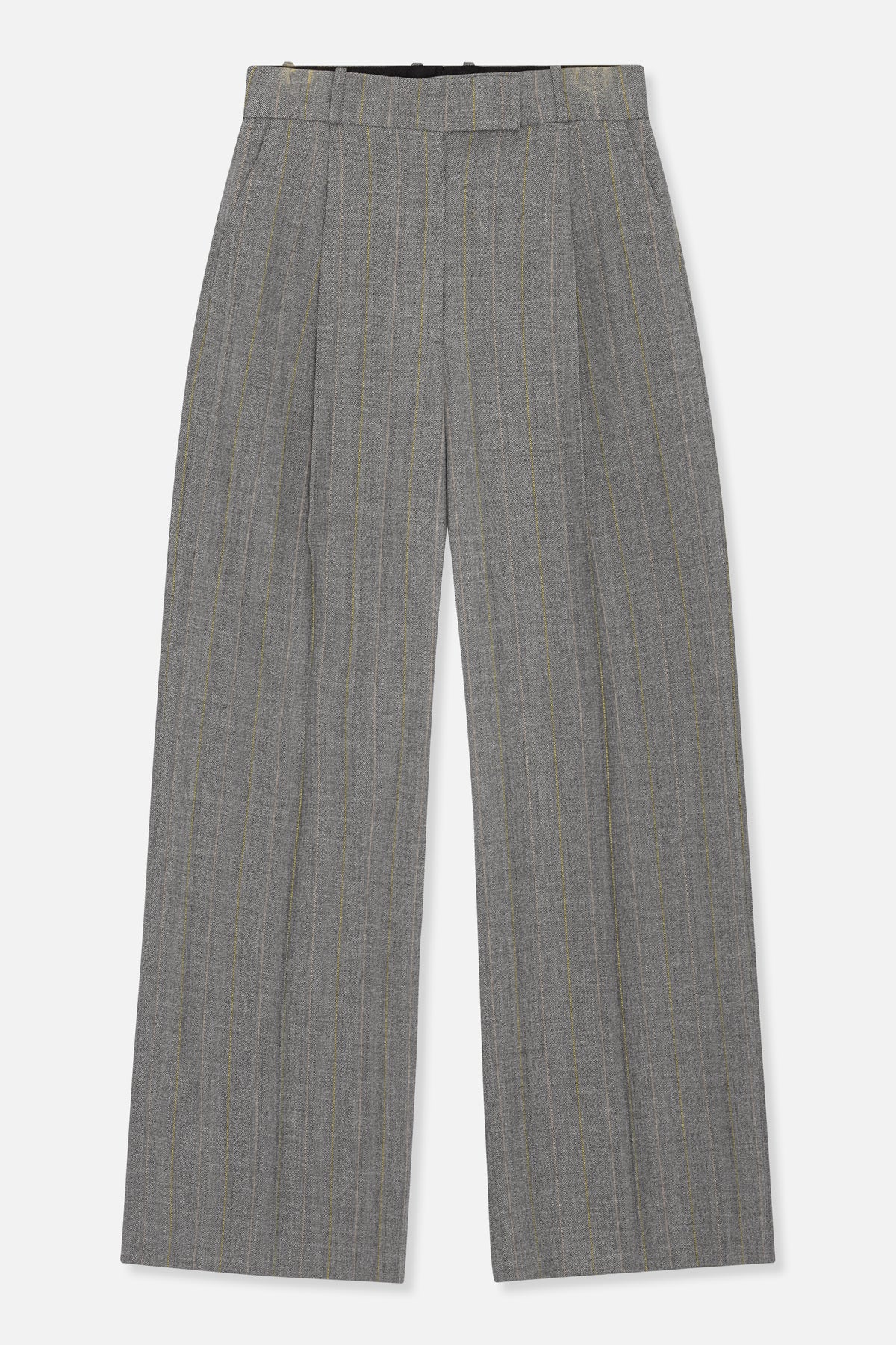 Front view of wide-leg grey trousers with fine mustard-yellow vertical pinstripes and front pleats.