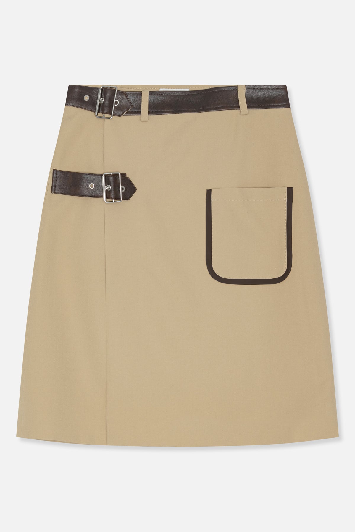 Front view of a beige A-line skirt with dark brown buckle straps at the waist and a large trimmed patch pocket.
