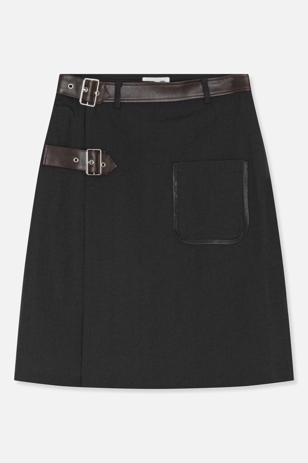 Front view of a black A-line skirt with a large patch pocket and dark brown buckle straps at the waist and hip