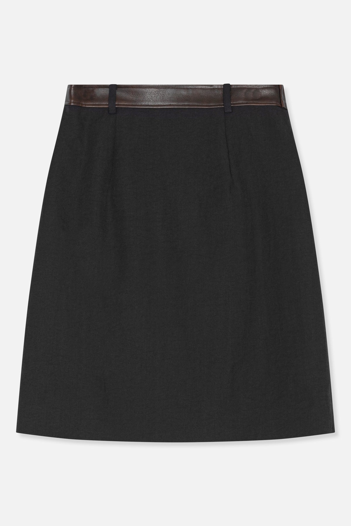 Black A-line skirt shown flat, with a contrasting glossy dark brown waistband and black belt loops.