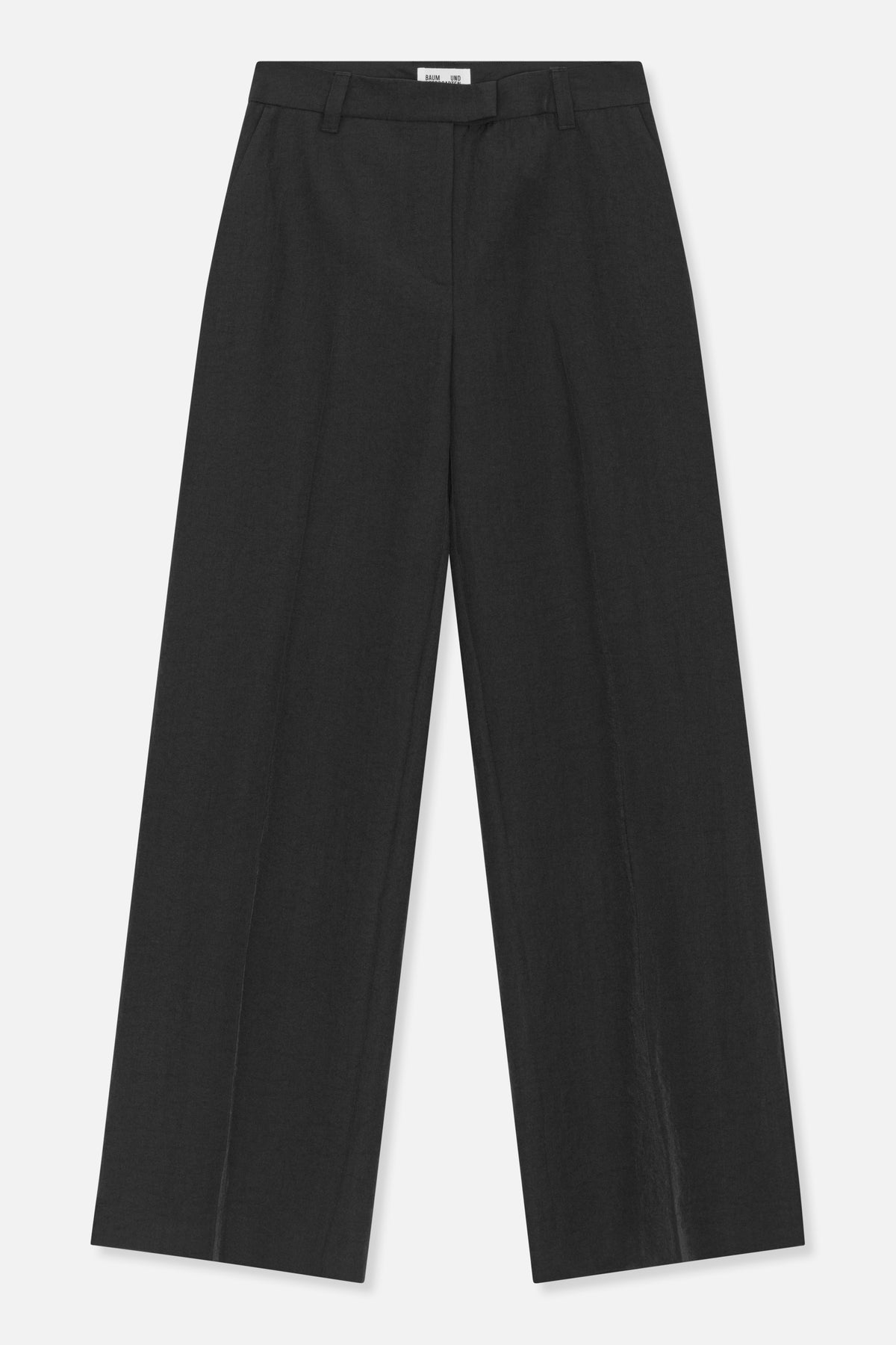 Front view of charcoal black wide-leg trousers with a waistband, belt loops and pressed front creases.