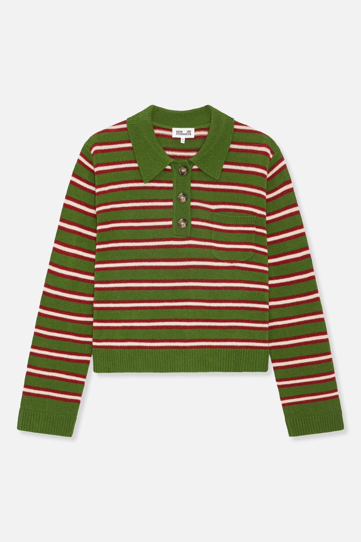 Front view of a green knitted long-sleeve sweater with red and cream horizontal stripes, a pointed collar and three-button placket.