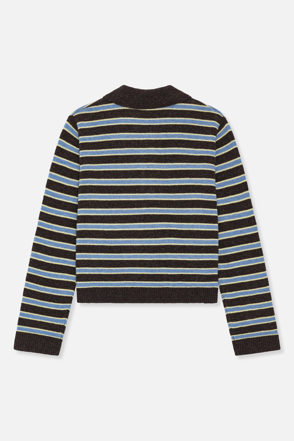 Back view of a long-sleeved knit sweater with dark brown, blue and pale yellow stripes and ribbed edges.