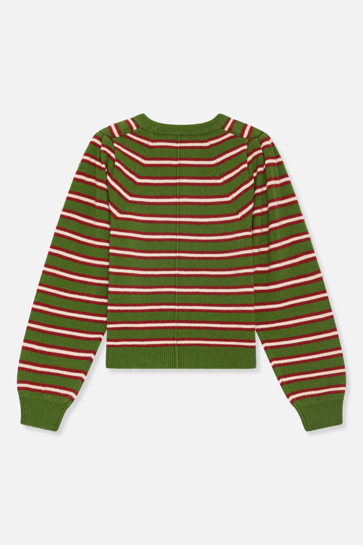 Back view of a green knitted sweater with horizontal red and cream stripes, a ribbed crew neckline, cuffs and hem.