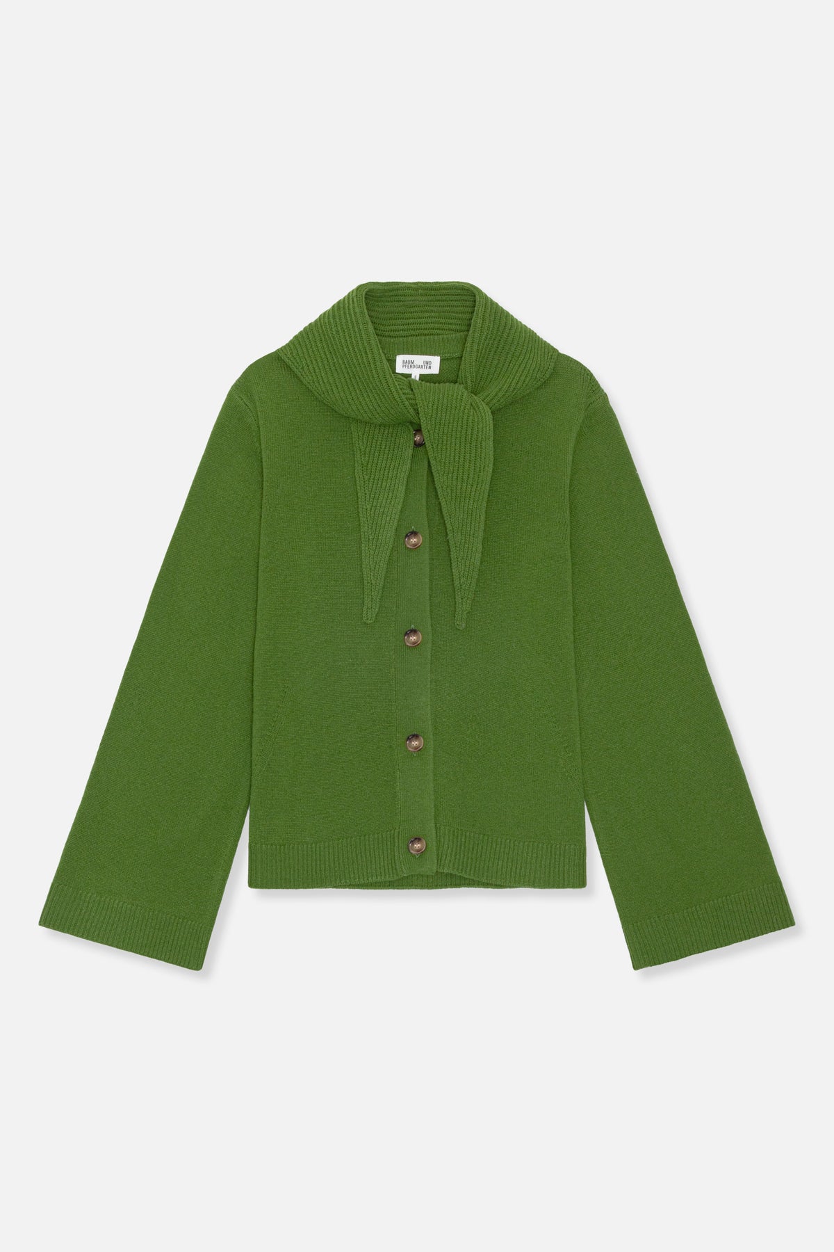 Front view of a green knitted cardigan with a wide scarf-style collar, brown buttons, and ribbed cuffs and hem.