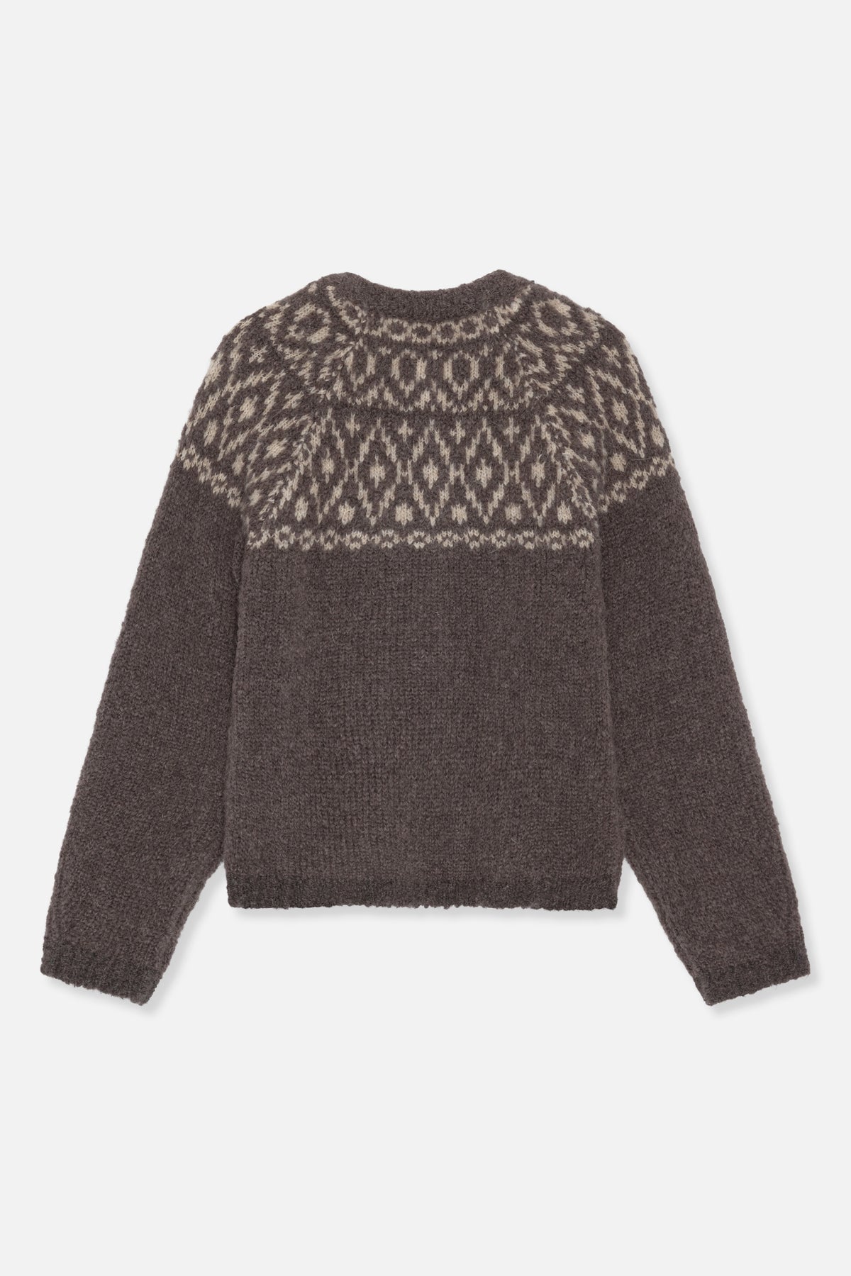 Front view of a charcoal brown knitted sweater with a cream geometric pattern across the shoulders and chest.