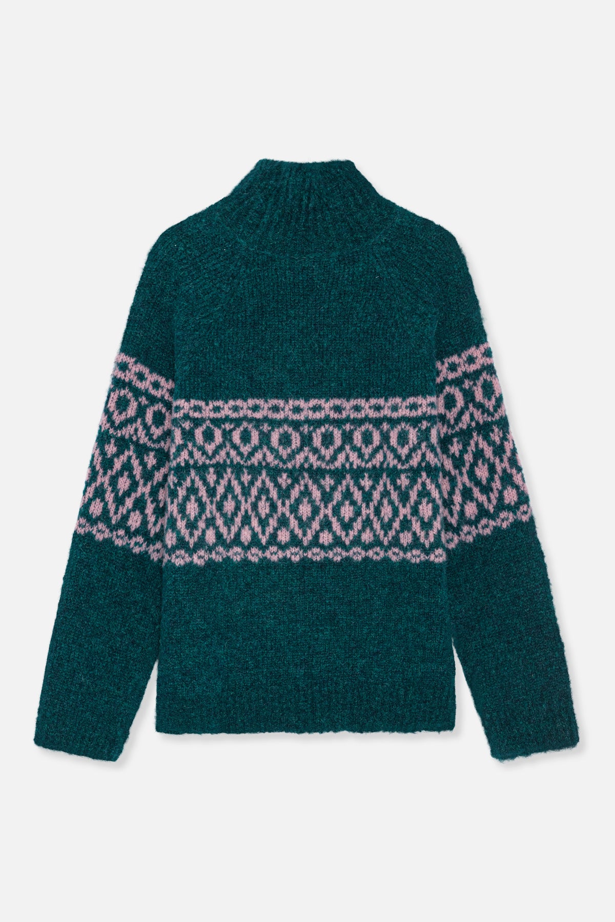 Front view of a dark teal knit sweater with pink geometric Fair Isle bands across the chest and upper sleeves.